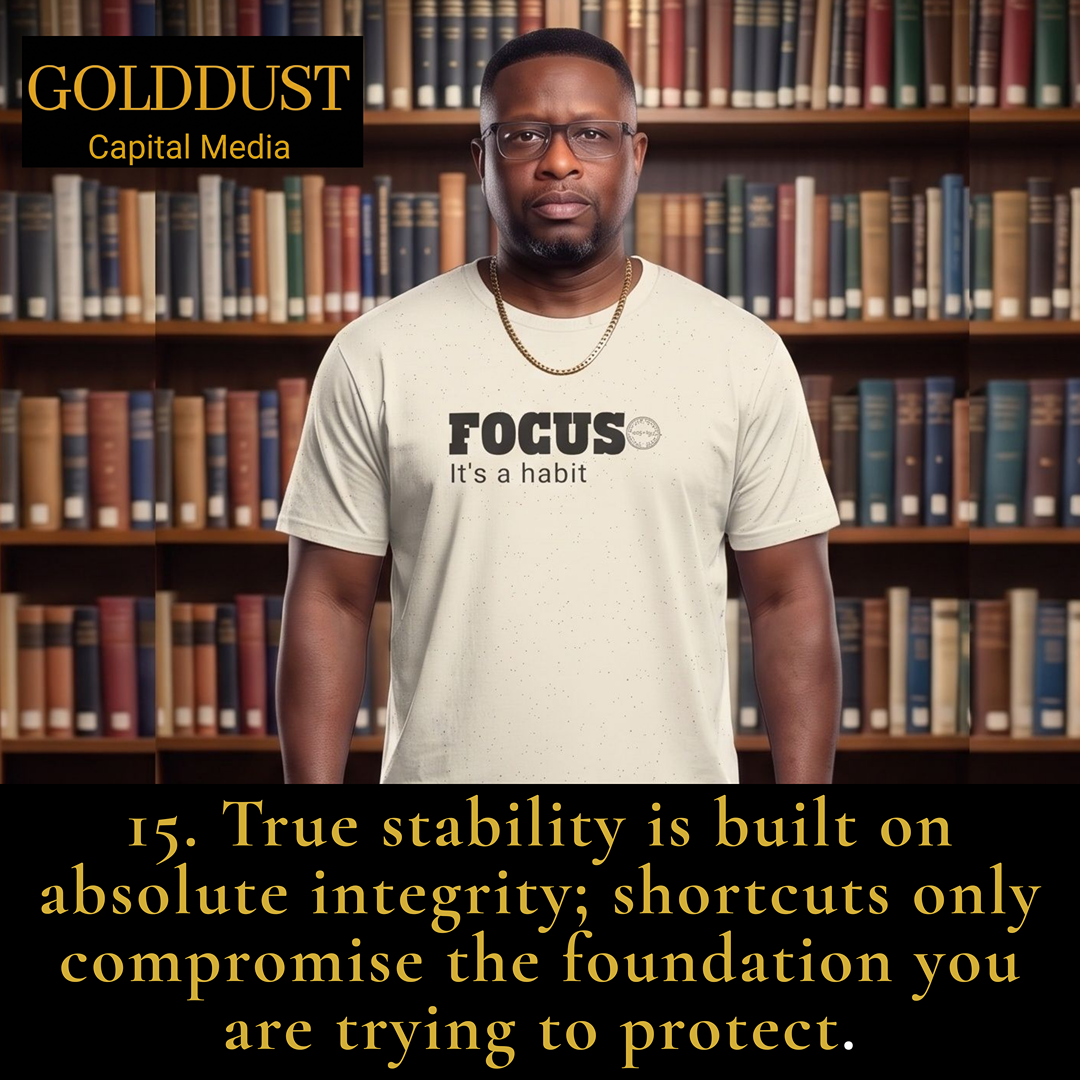 Daily Playbook Principle 15 - Build With Integrity quote graphic by Golddust Capital Media
