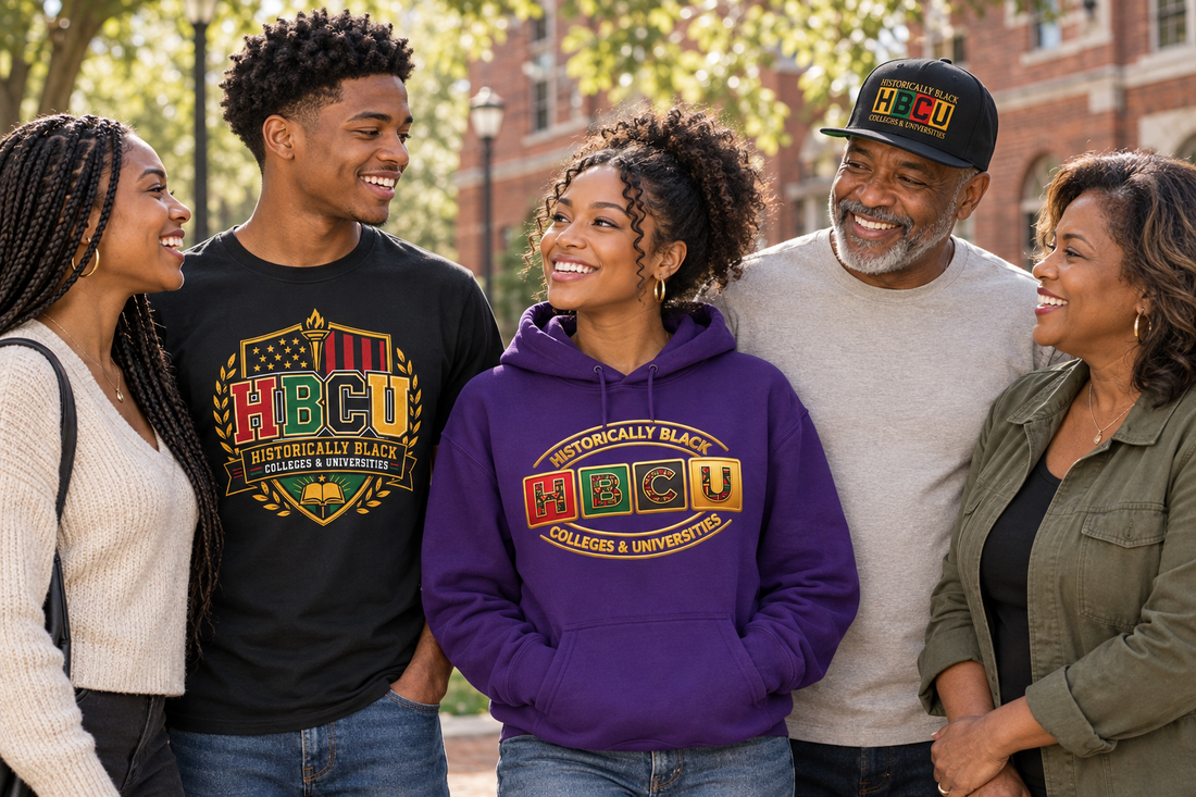 Five Black adults gathered in a campus courtyard, featuring an HBCU crest T-shirt, purple HBCU hoodie, and black HBCU cap.