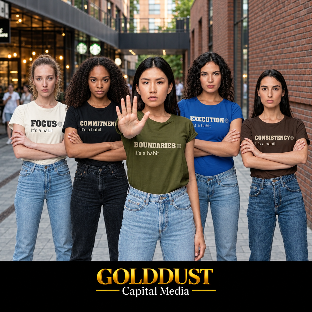 Five women wearing Locked In Collection T-shirts featuring Focus, Commitment, Boundaries, Execution, and Consistency.