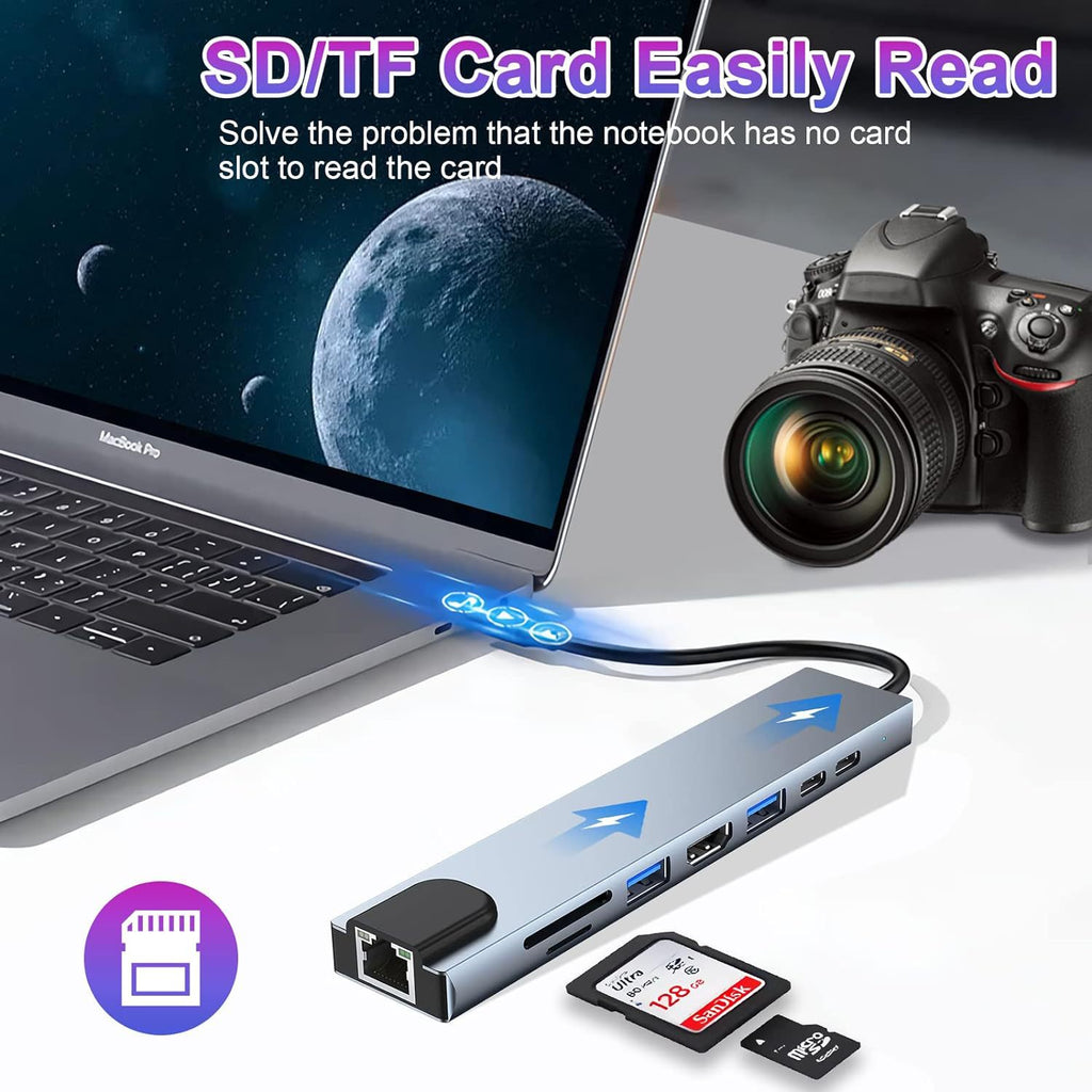 Type-C 8-in-1 Docking Station – USB Hub with Ethernet, Card Reader & 5Gbps Transfer, Plug & Play