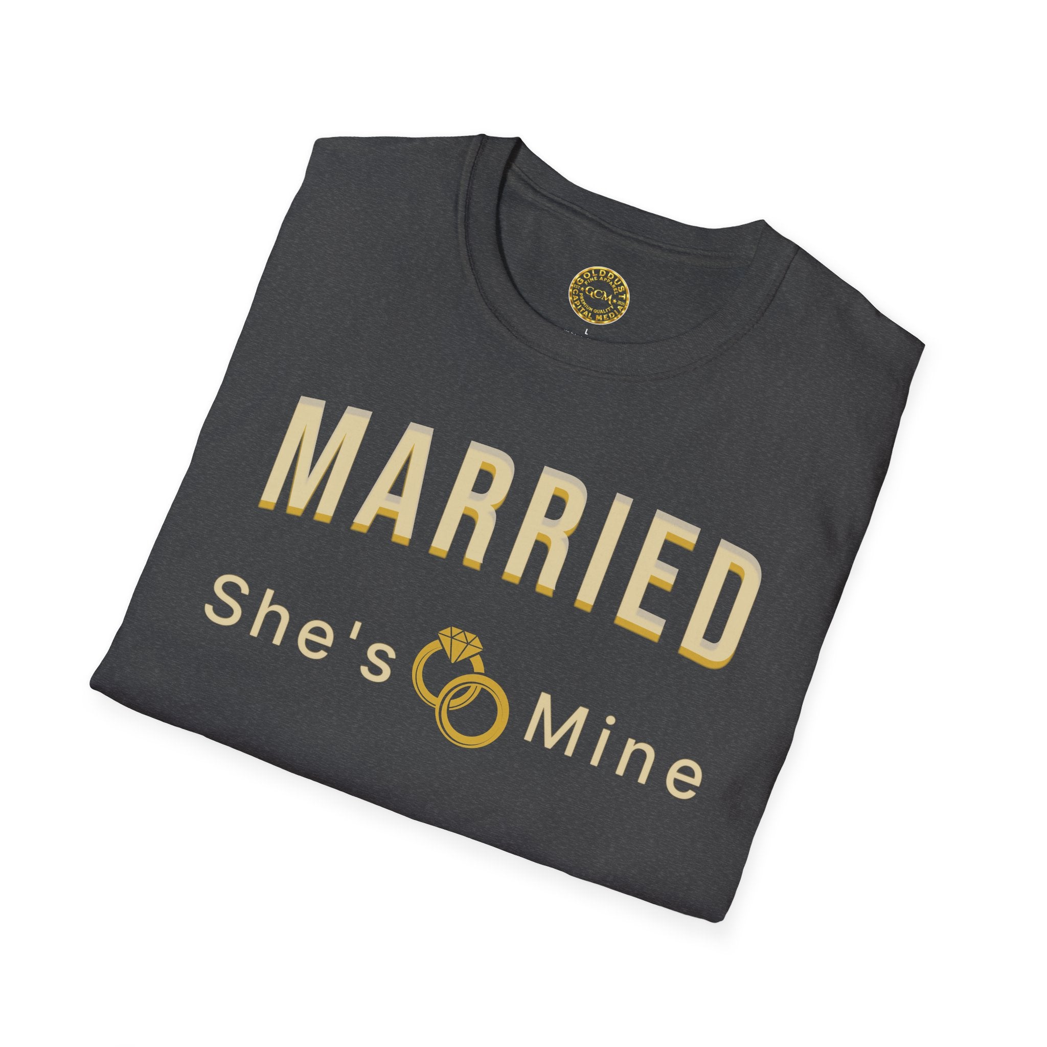 Married “She’s Mine” Tee Shirt | Elegant  print that reads “MARRIED” above a delicate rings motif and “She’s Mine | Wedding Tee
