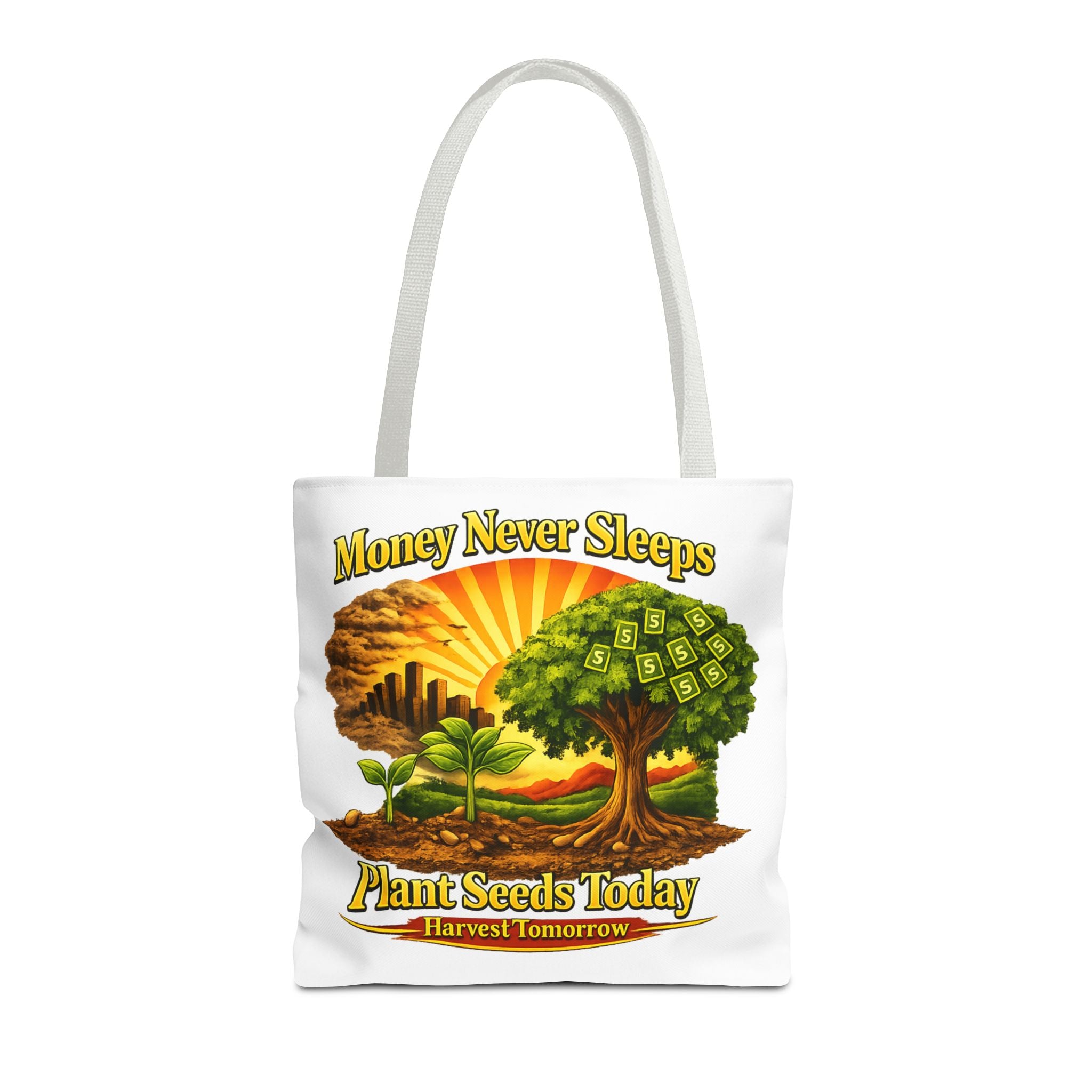 Money Never Sleeps Plant Seeds Today Tote Bag | Money Tree Illustration