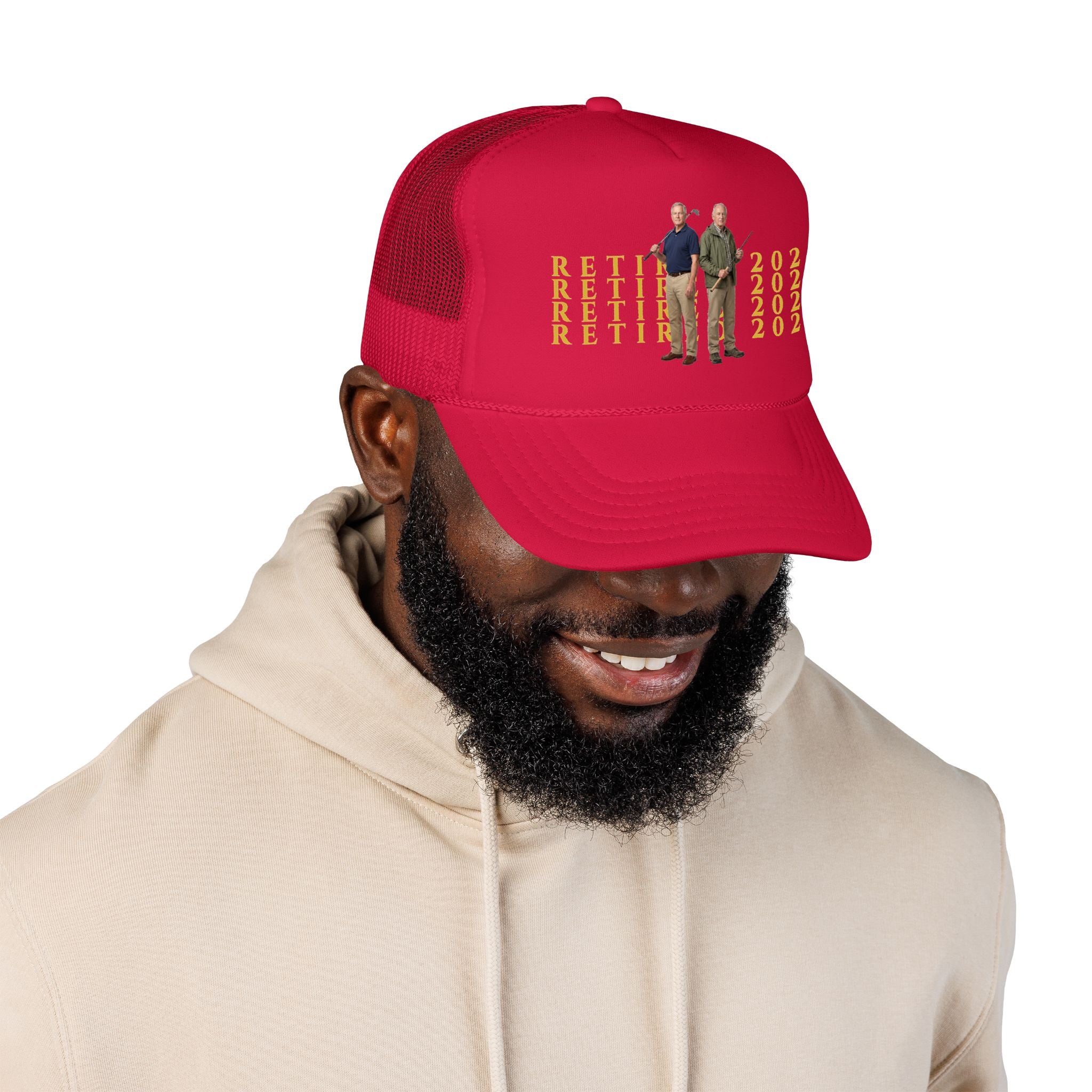 Retired 2026 Foam Personalized Image Trucker Hat | Retirement Year, Two Men Illustration