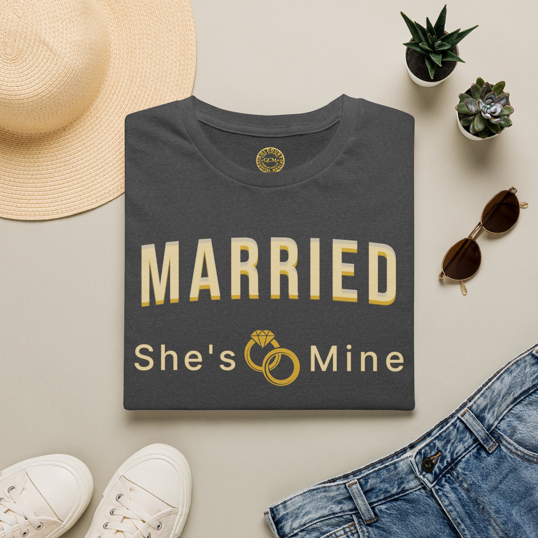 Married “She’s Mine” Tee Shirt | Elegant  print that reads “MARRIED” above a delicate rings motif and “She’s Mine | Wedding Tee