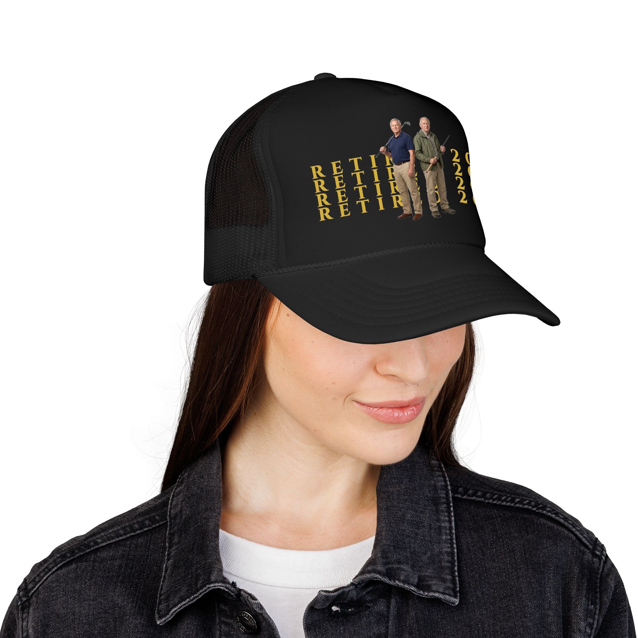 Retired 2026 Foam Personalized Image Trucker Hat | Retirement Year, Two Men Illustration