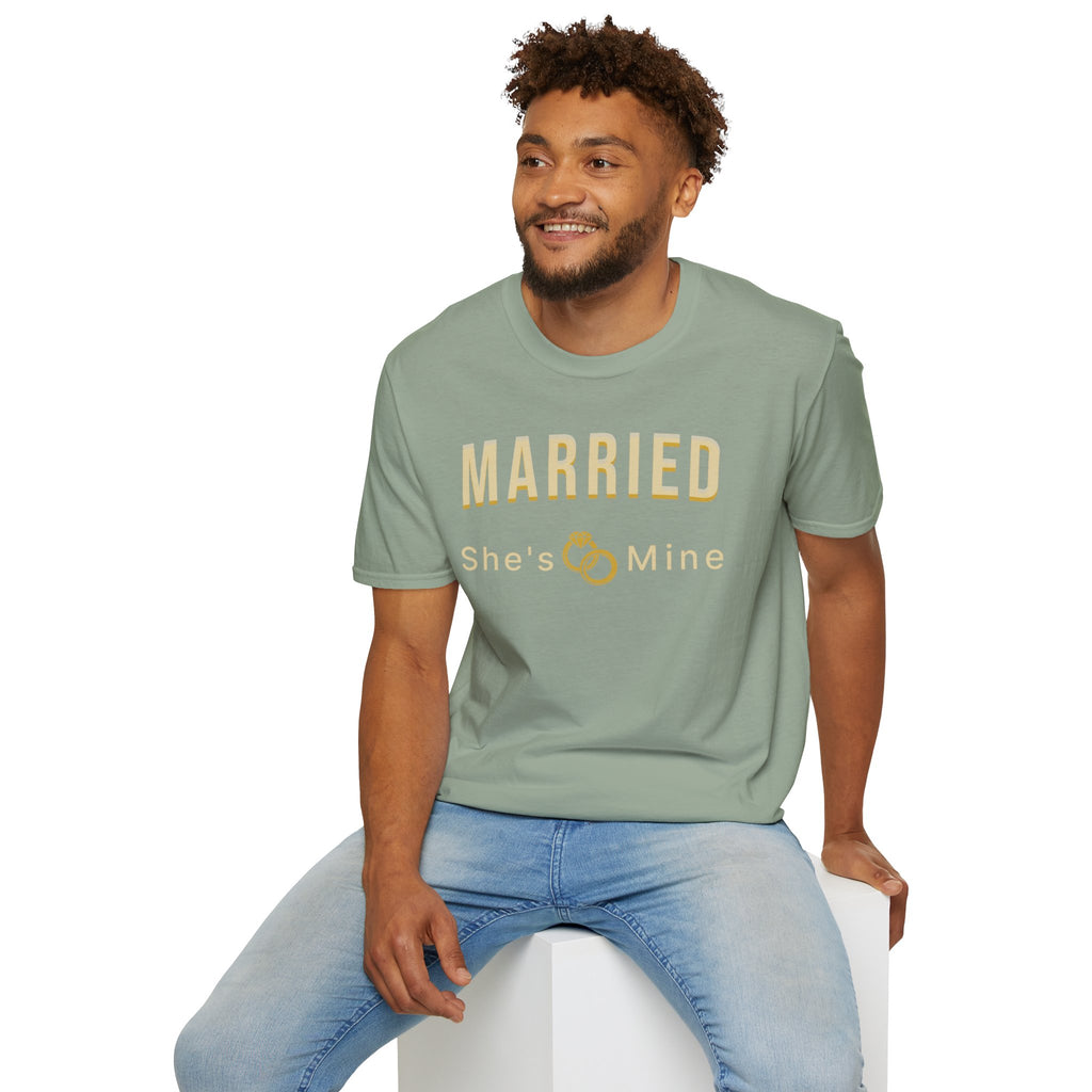 Married “She’s Mine” Tee Shirt | Elegant  print that reads “MARRIED” above a delicate rings motif and “She’s Mine | Wedding Tee