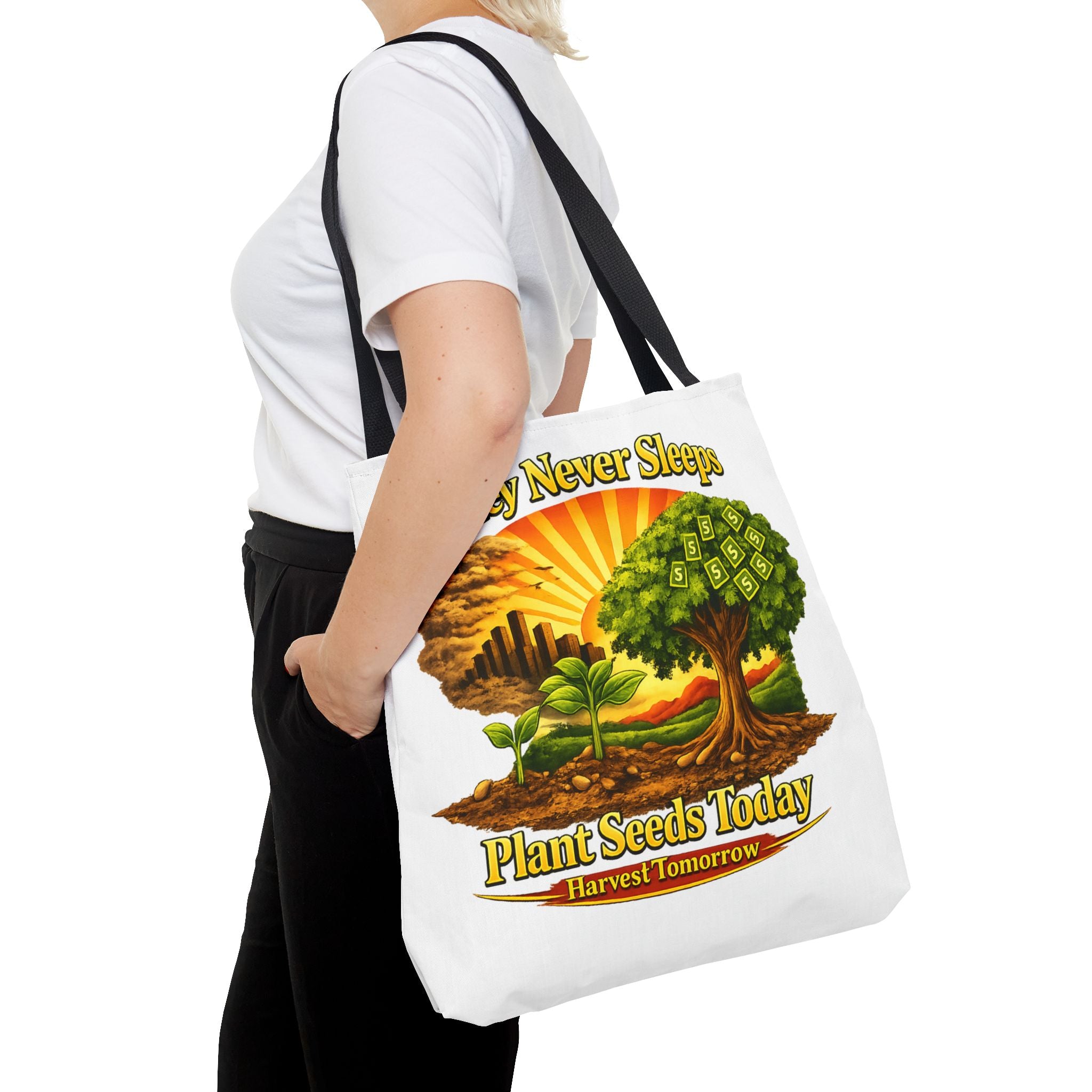 Money Never Sleeps Plant Seeds Today Tote Bag | Money Tree Illustration