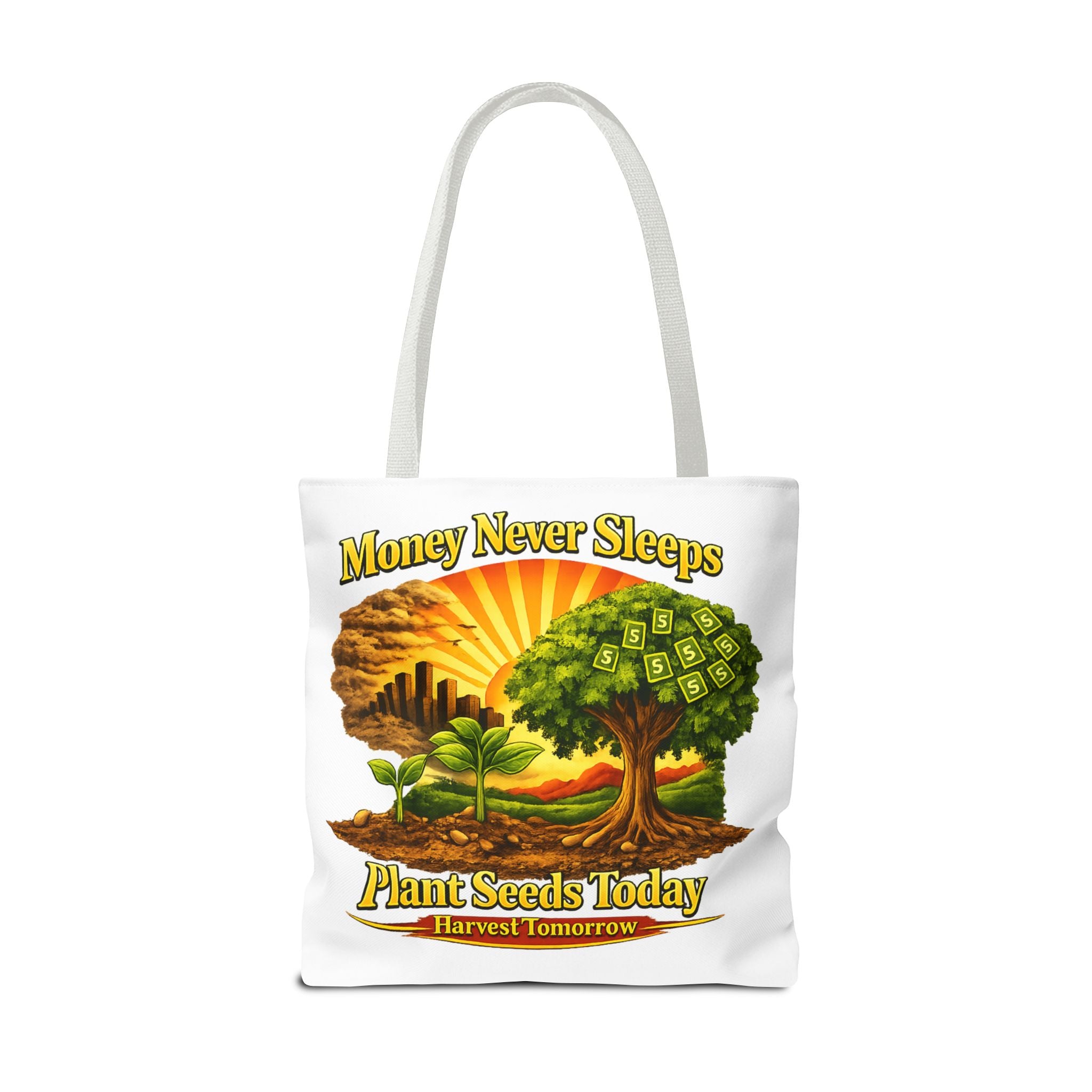 Money Never Sleeps Plant Seeds Today Tote Bag | Money Tree Illustration