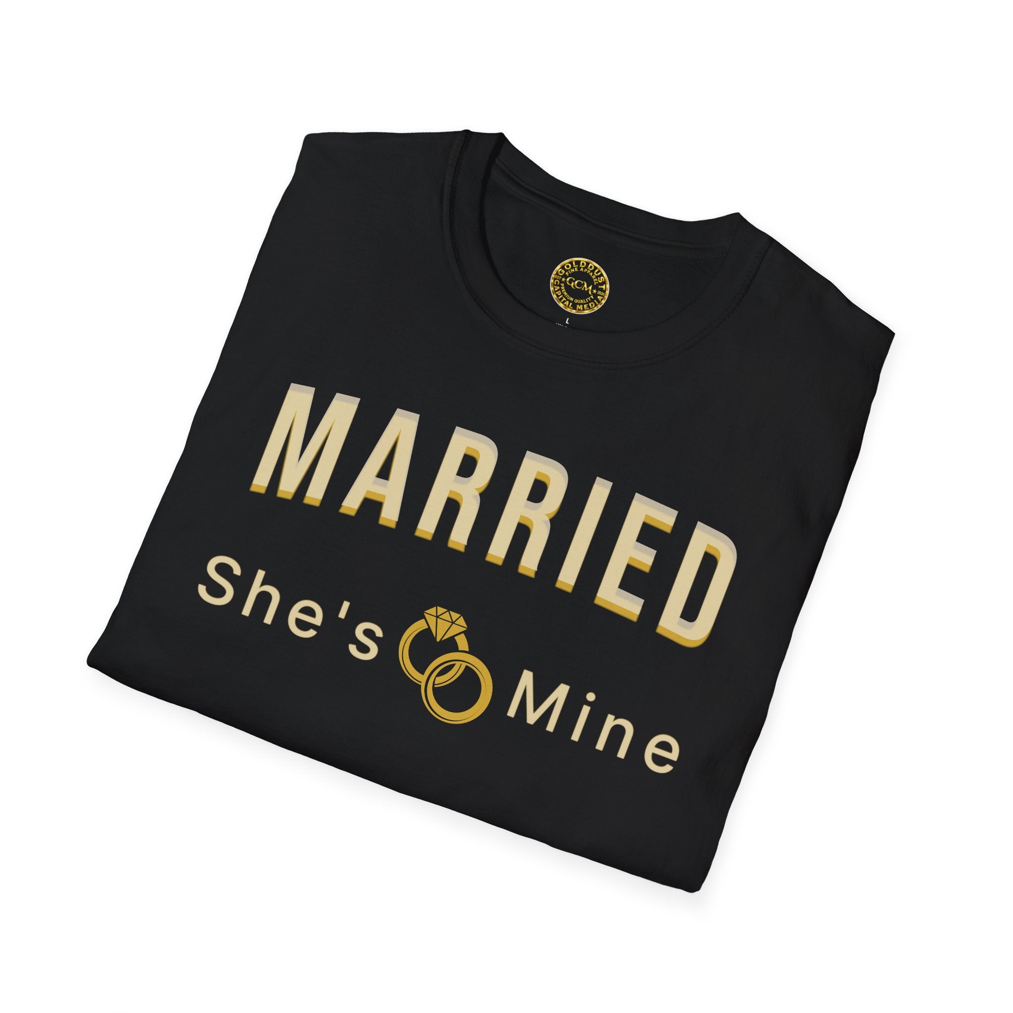 Married “She’s Mine” Tee Shirt | Elegant  print that reads “MARRIED” above a delicate rings motif and “She’s Mine | Wedding Tee
