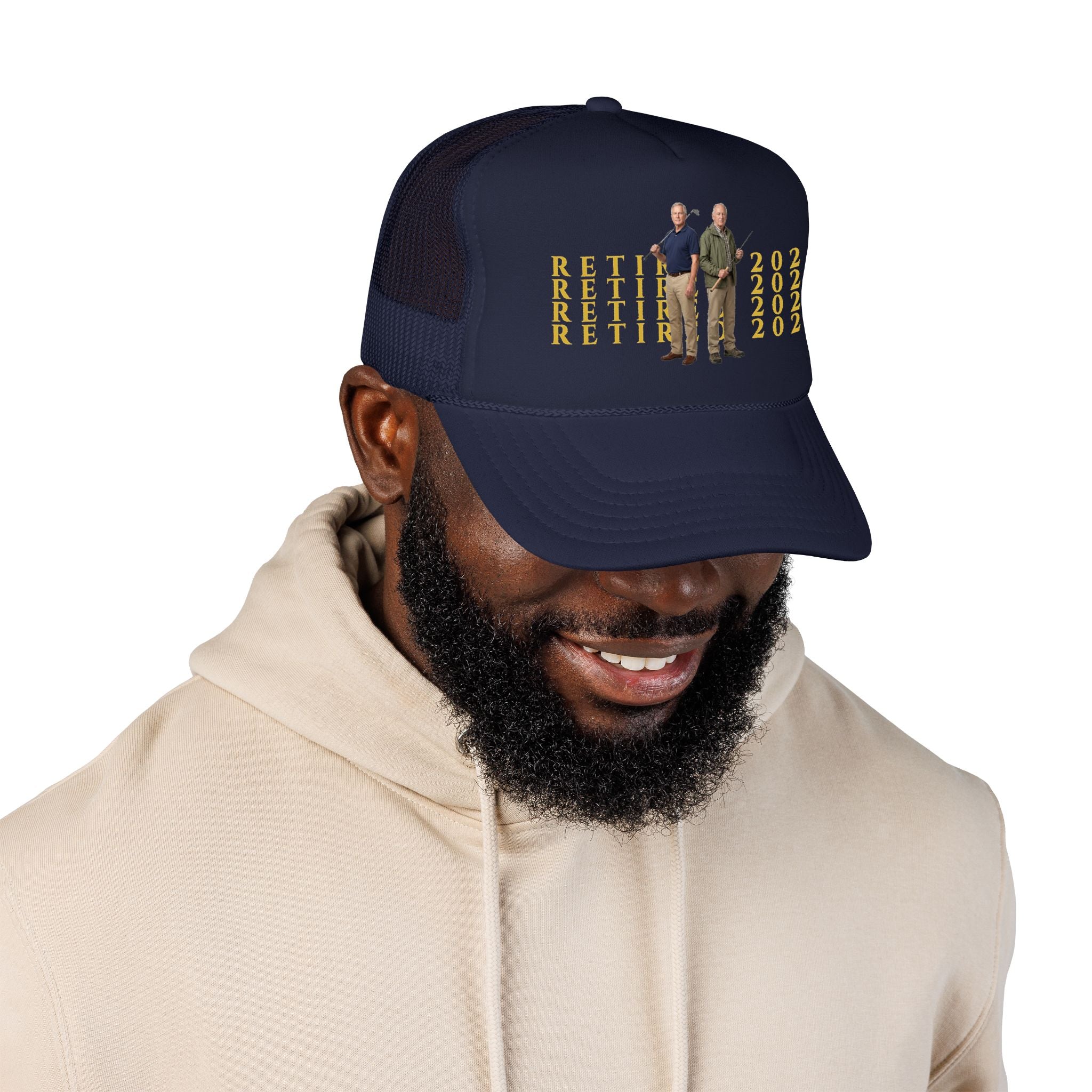 Retired 2026 Foam Personalized Image Trucker Hat | Retirement Year, Two Men Illustration