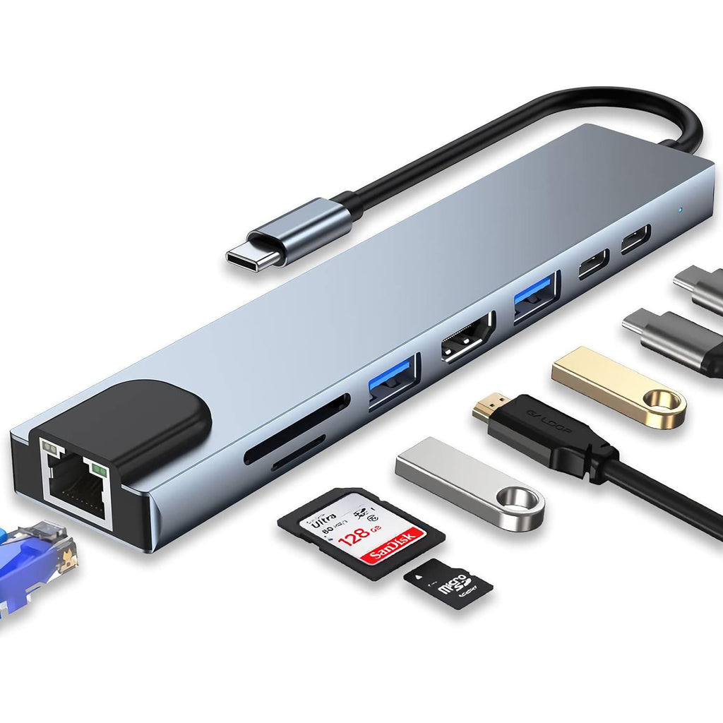 Type-C 8-in-1 Docking Station – USB Hub with Ethernet, Card Reader & 5Gbps Transfer, Plug & Play