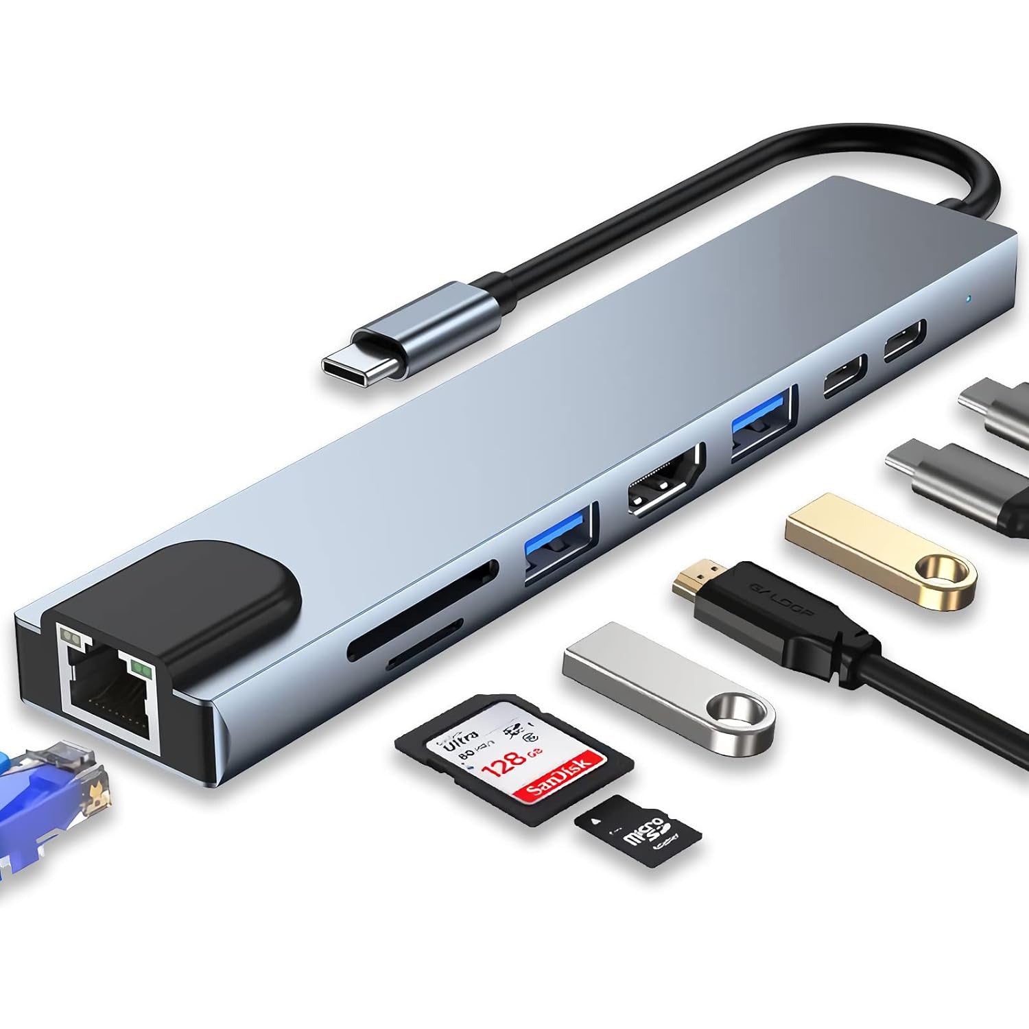 Type-C 8-in-1 Docking Station – USB Hub with Ethernet, Card Reader & 5Gbps Transfer, Plug & Play