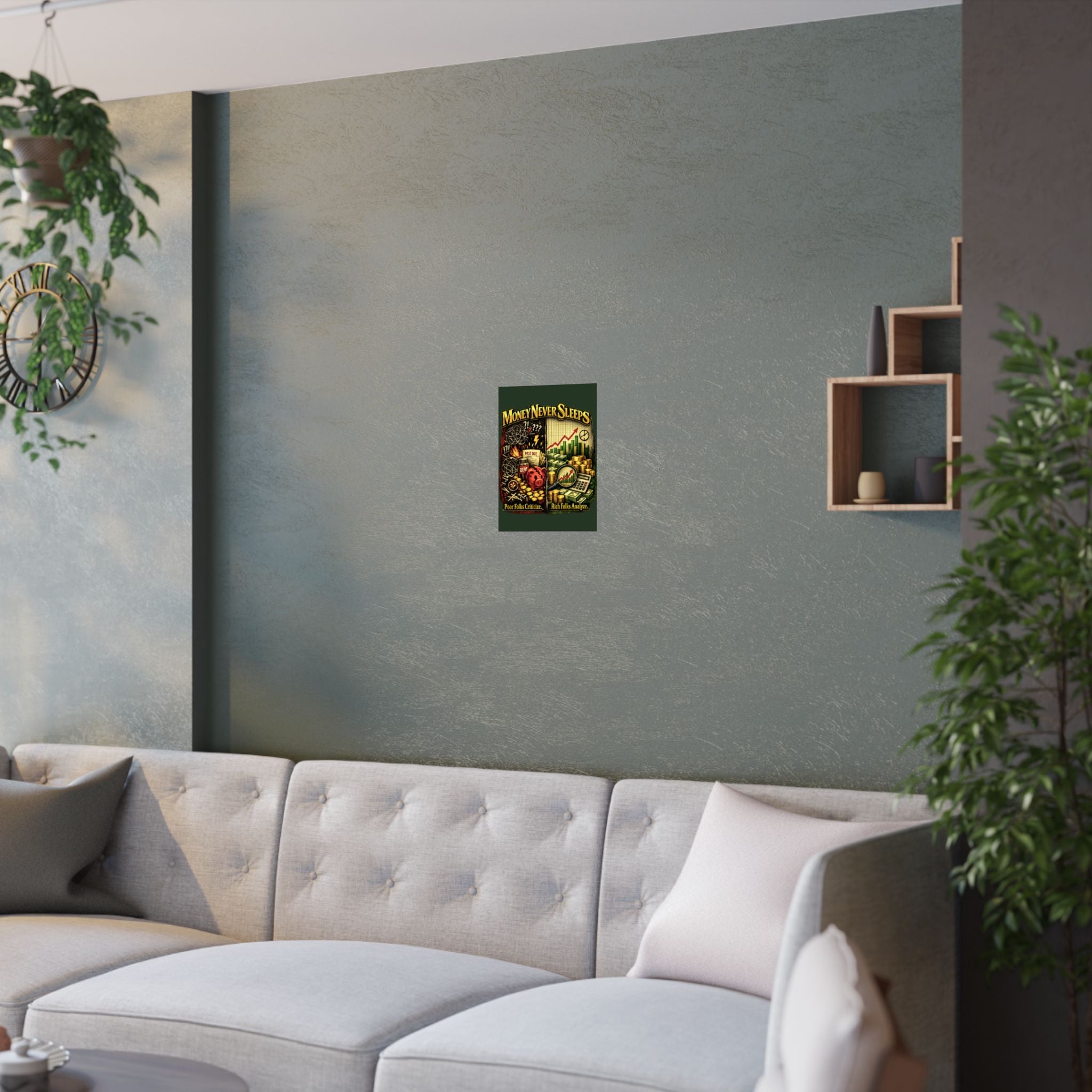 Money Never Sleeps Poster – Finance Illustration Satin Wall Art