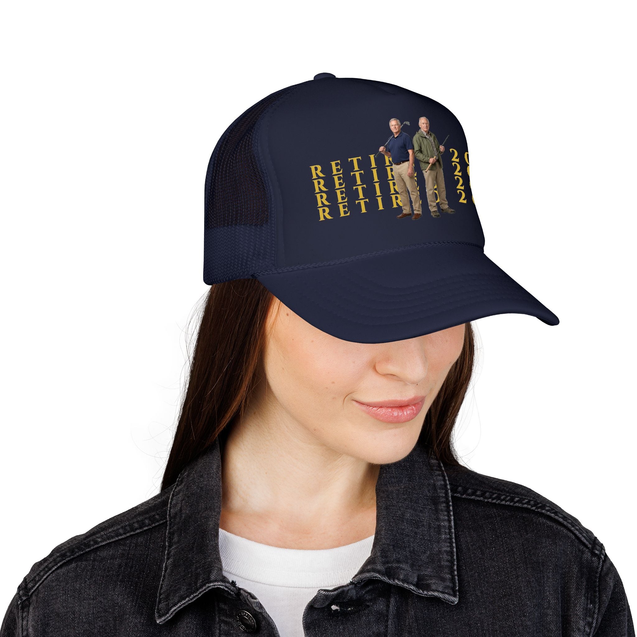 Retired 2026 Foam Personalized Image Trucker Hat | Retirement Year, Two Men Illustration
