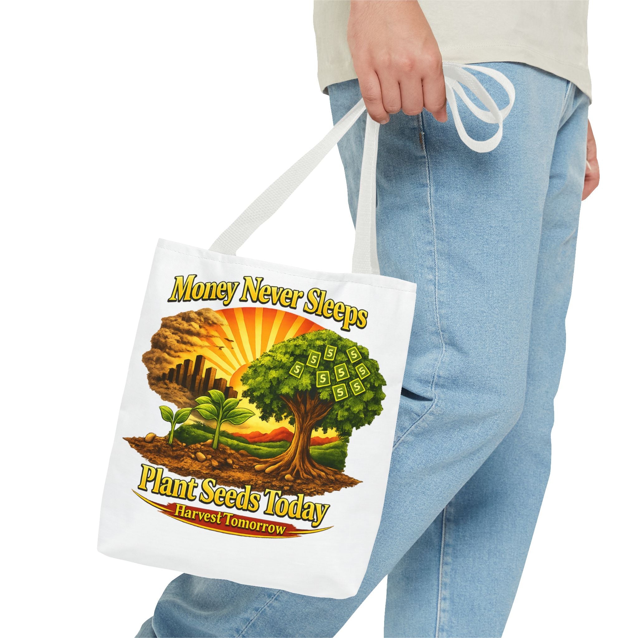 Money Never Sleeps Plant Seeds Today Tote Bag | Money Tree Illustration