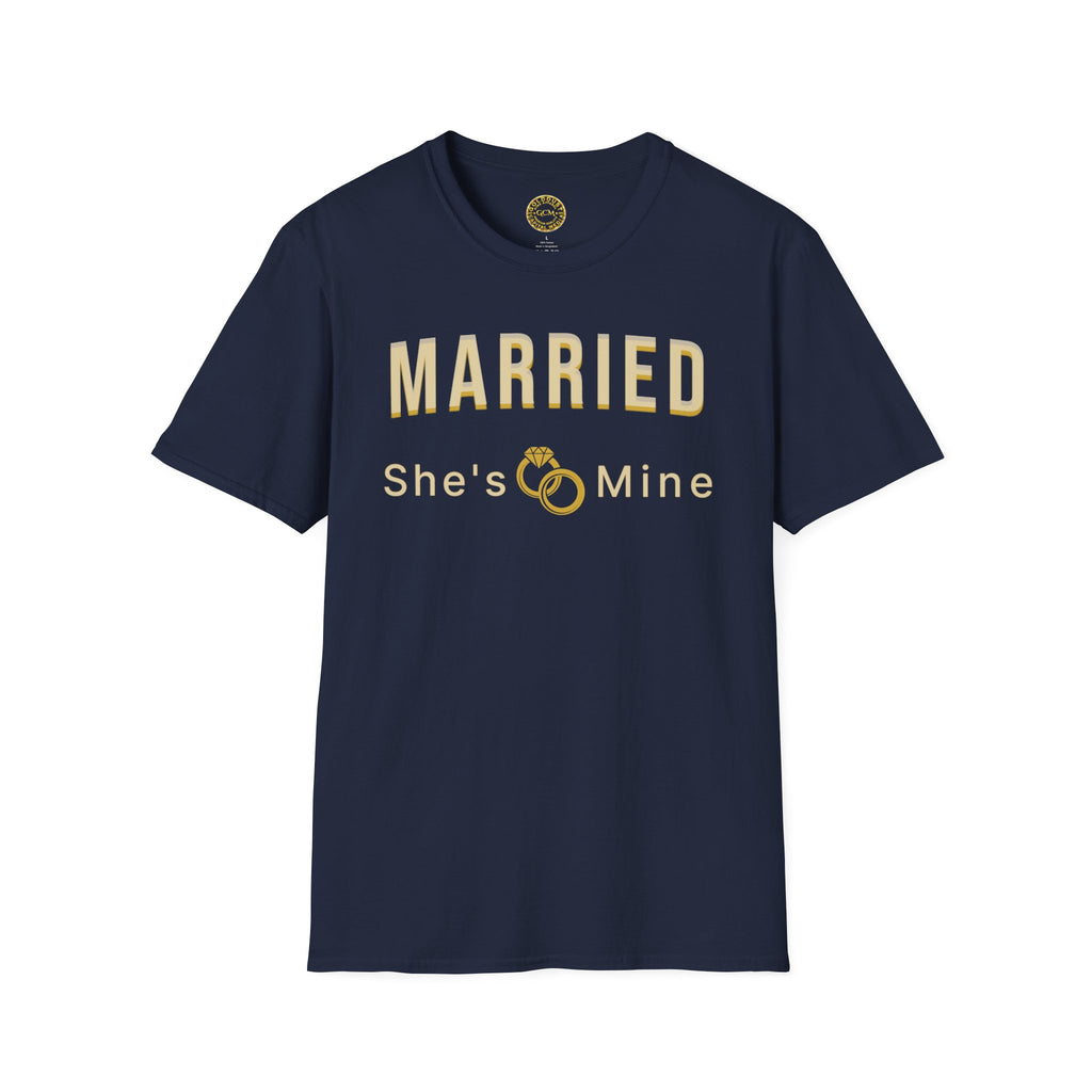 Married “She’s Mine” Tee Shirt | Elegant  print that reads “MARRIED” above a delicate rings motif and “She’s Mine | Wedding Tee