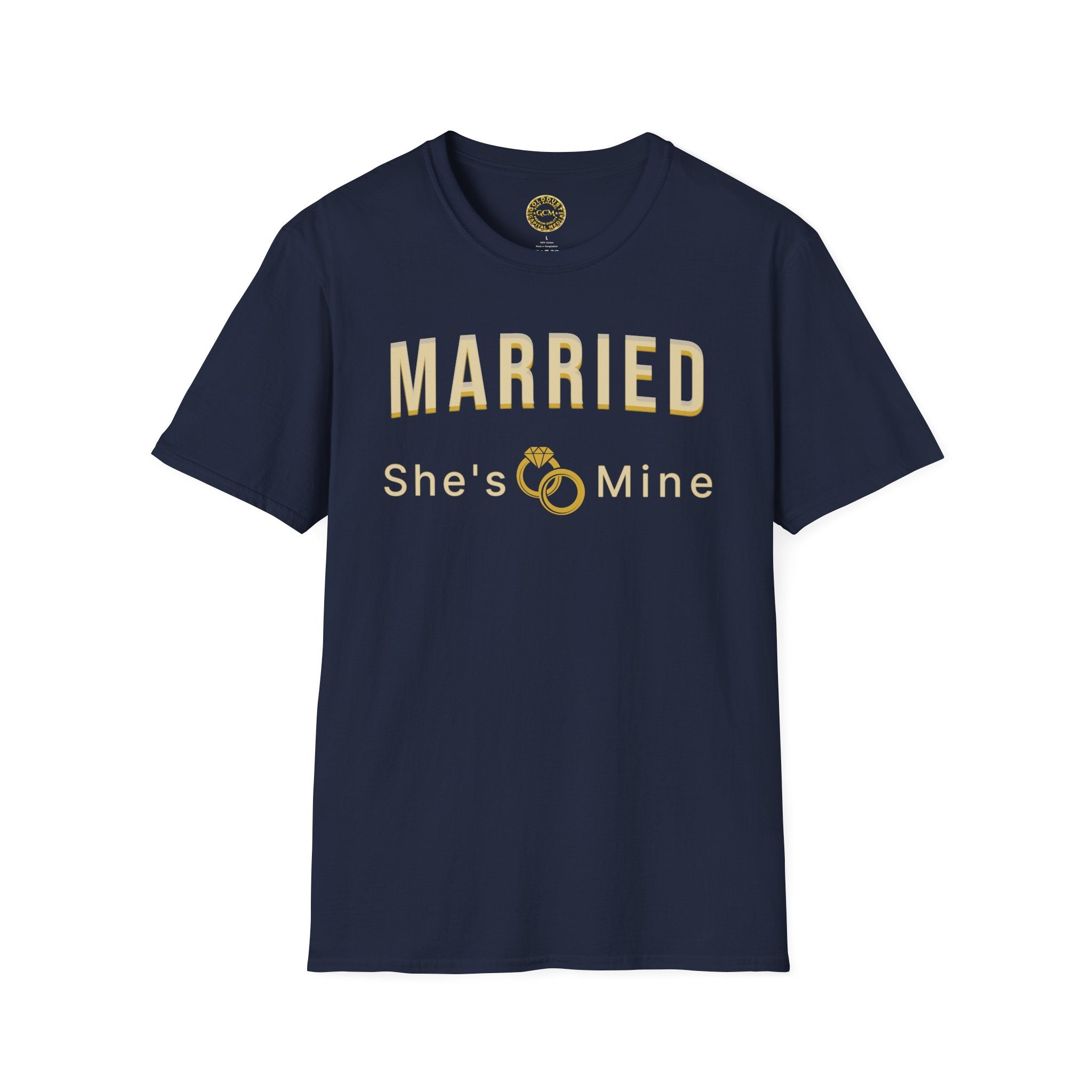 Married “She’s Mine” Tee Shirt | Elegant  print that reads “MARRIED” above a delicate rings motif and “She’s Mine | Wedding Tee
