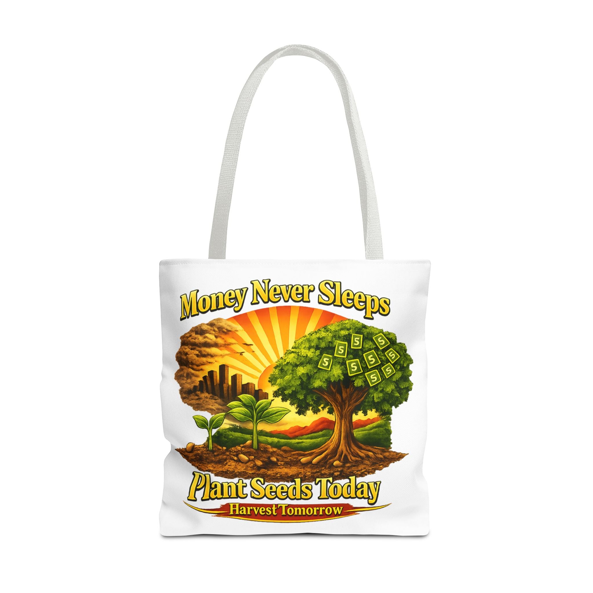 Money Never Sleeps Plant Seeds Today Tote Bag | Money Tree Illustration
