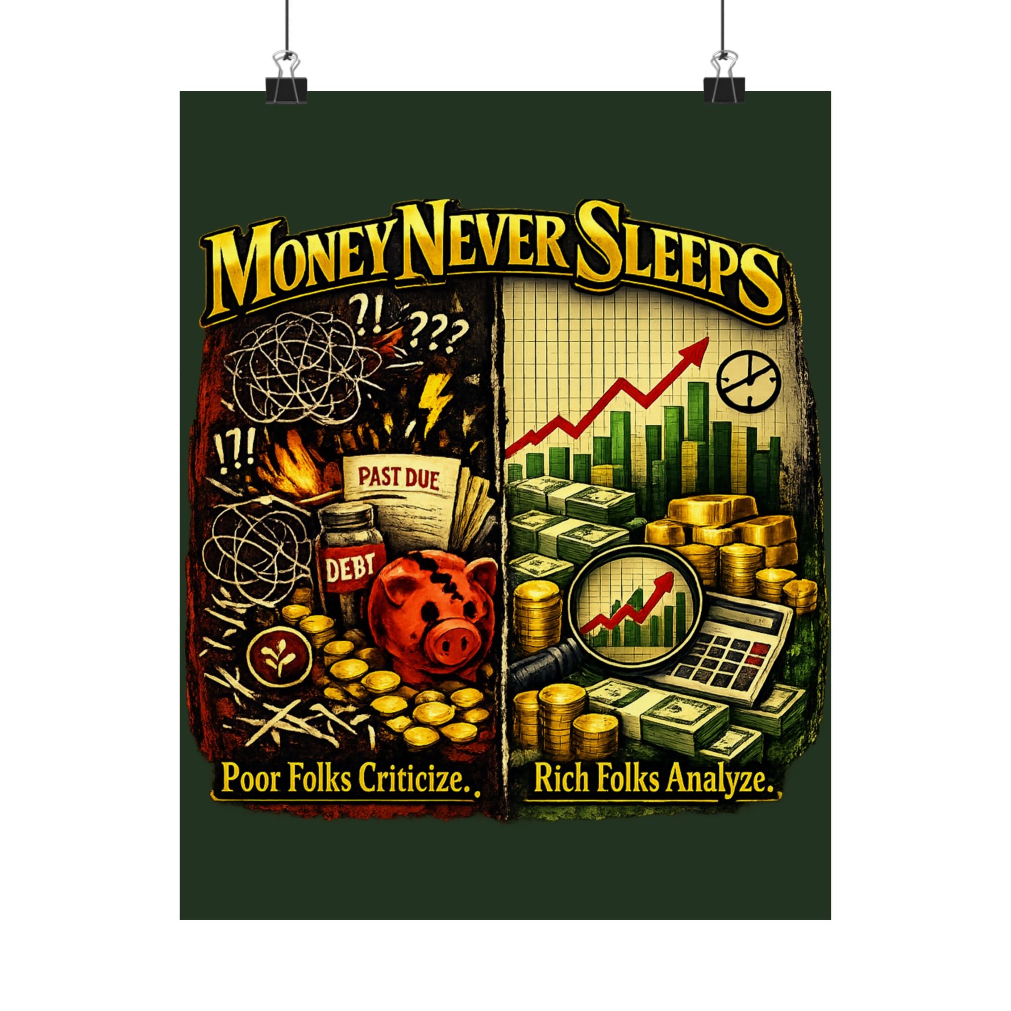 Money Never Sleeps Poster – Finance Illustration Satin Wall Art