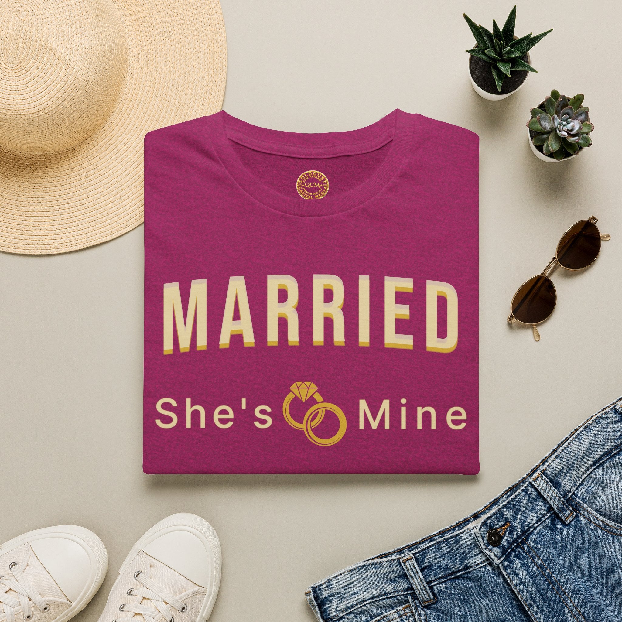 Married “She’s Mine” Tee Shirt | Elegant  print that reads “MARRIED” above a delicate rings motif and “She’s Mine | Wedding Tee