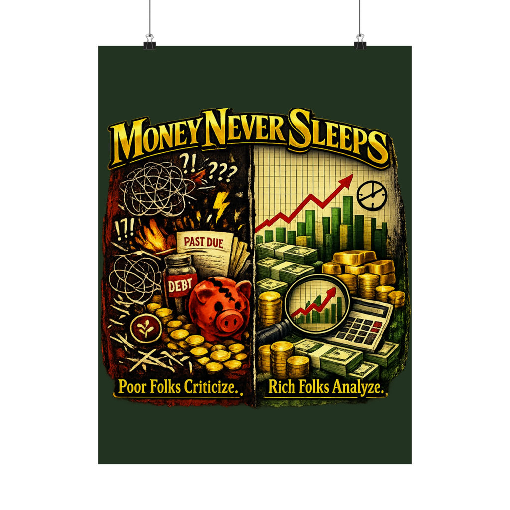Money Never Sleeps Poster – Finance Illustration Satin Wall Art