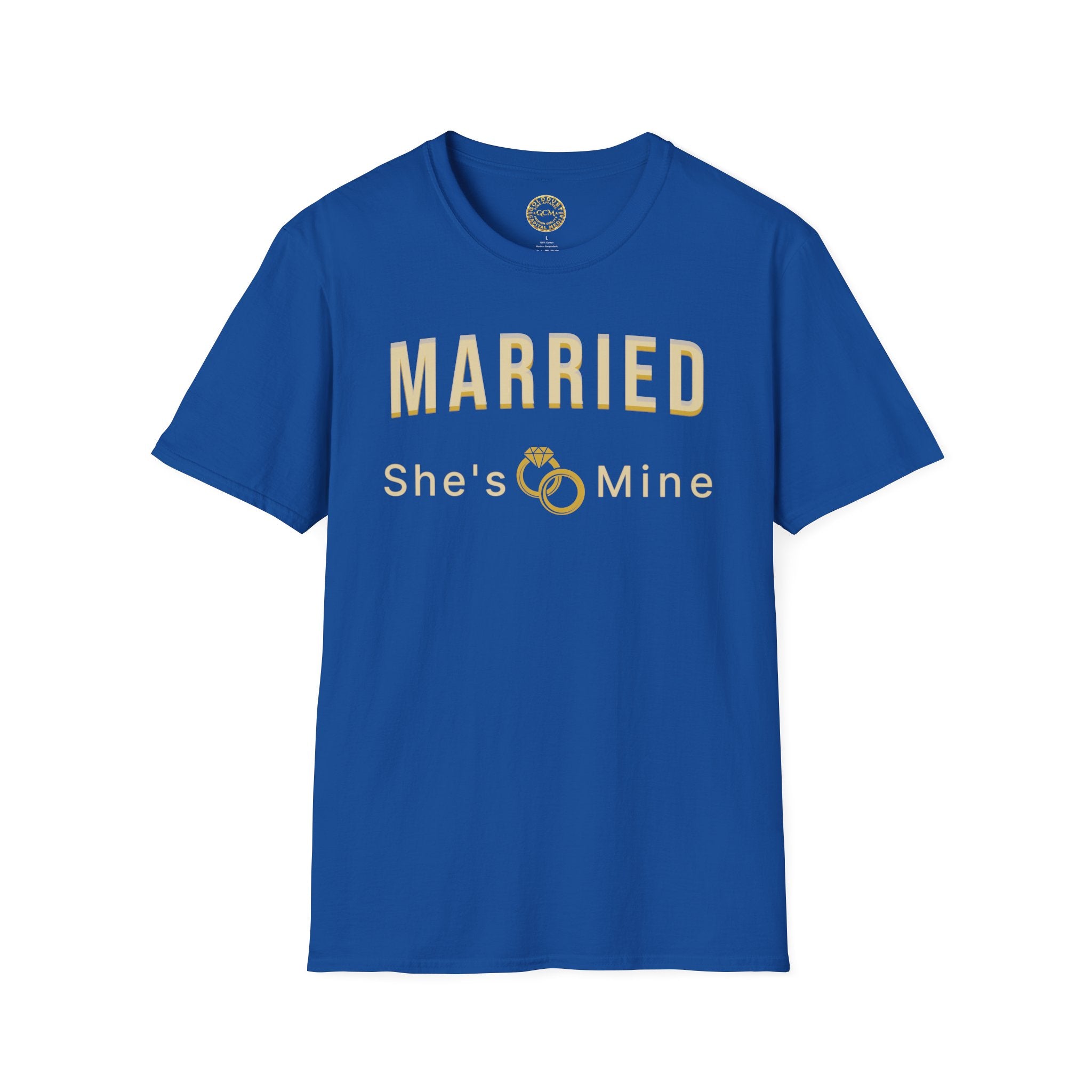 Married “She’s Mine” Tee Shirt | Elegant  print that reads “MARRIED” above a delicate rings motif and “She’s Mine | Wedding Tee