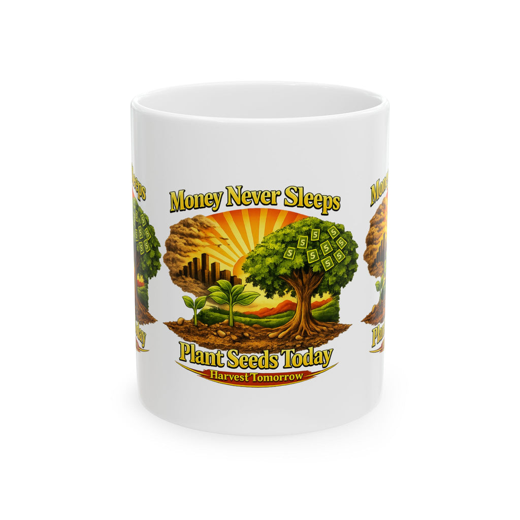 Money Never Sleeps Plant Seeds Today Mug | Money Tree Illustration