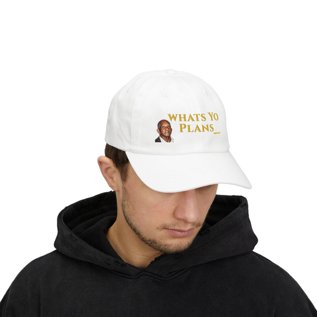 Whats Yo Plans Dad Cap | White adjustable baseball hat