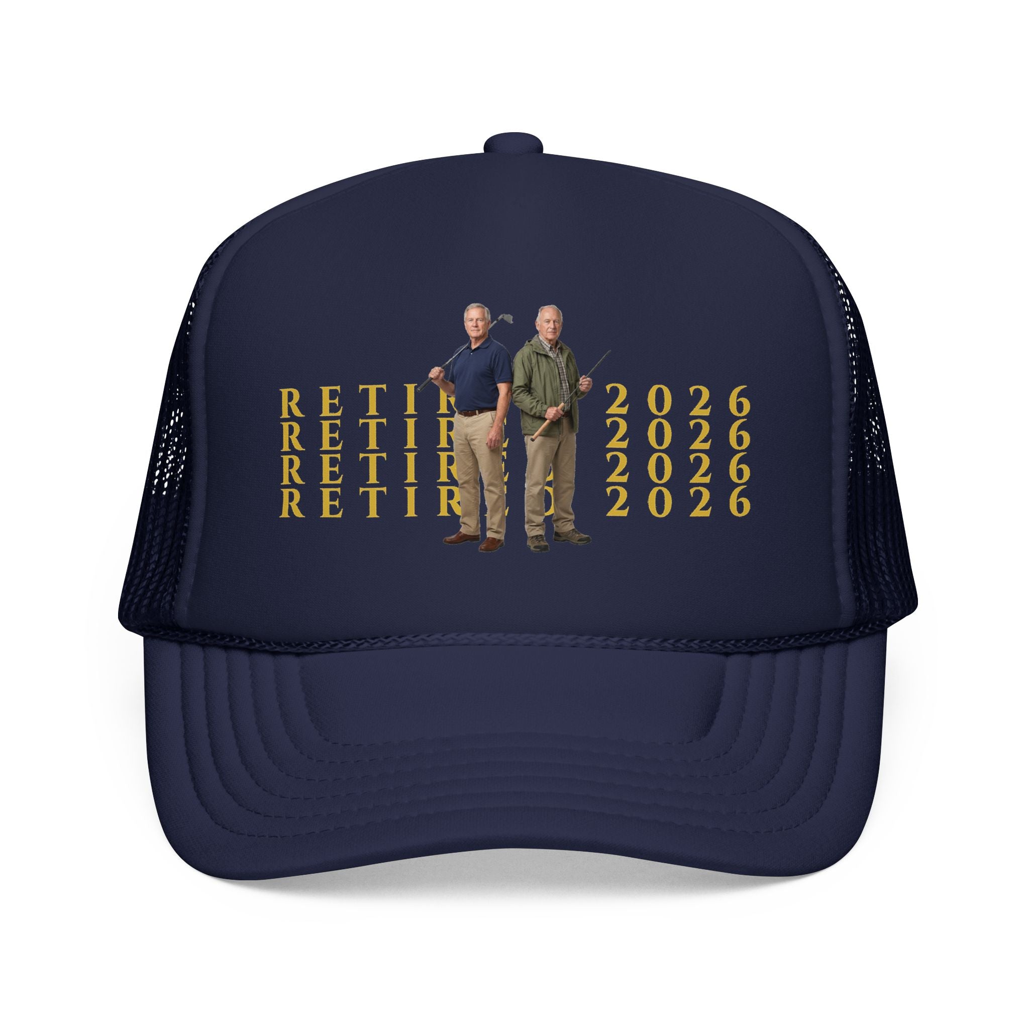 Retired 2026 Foam Personalized Image Trucker Hat | Retirement Year, Two Men Illustration