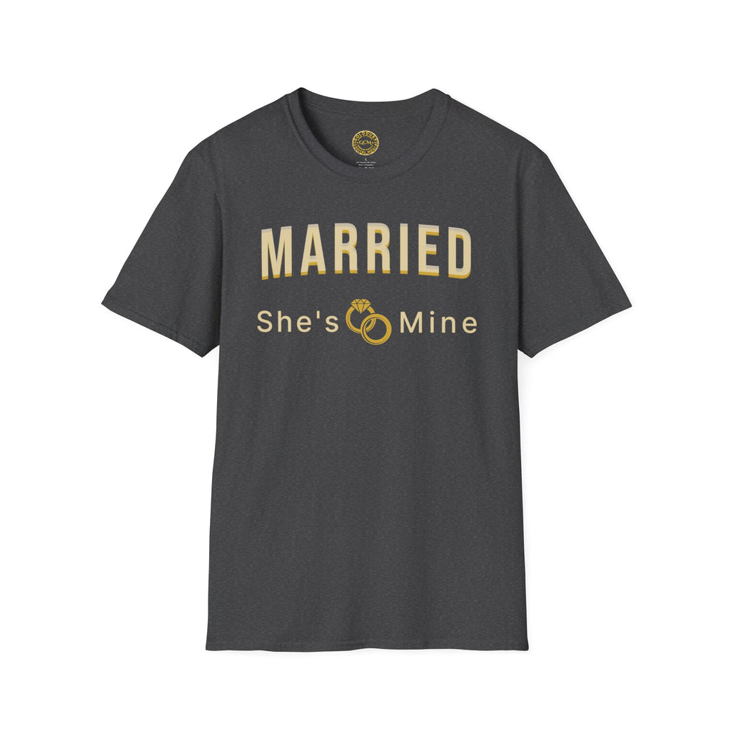 Married “She’s Mine” Tee Shirt | Elegant  print that reads “MARRIED” above a delicate rings motif and “She’s Mine | Wedding Tee