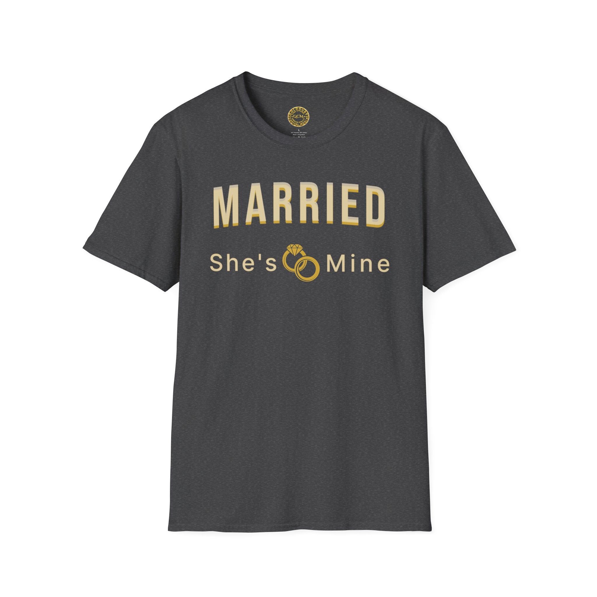Married “She’s Mine” Tee Shirt | Elegant  print that reads “MARRIED” above a delicate rings motif and “She’s Mine | Wedding Tee