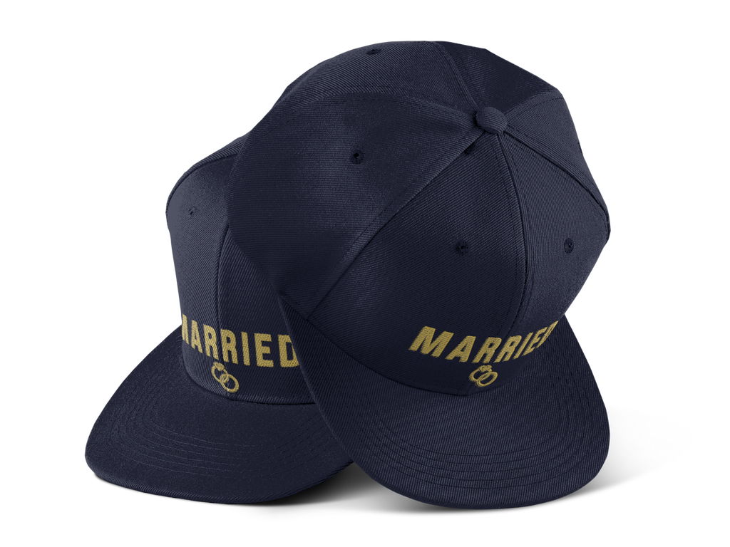 Married Snapback Hat — Gold Rings Wedding Celebration Flat Bill Cap