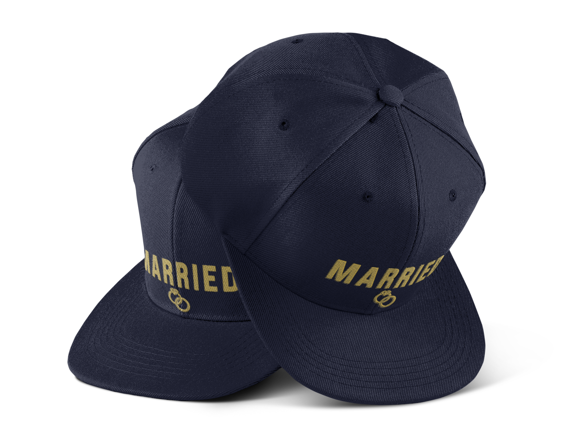 Married Snapback Hat — Gold Rings Wedding Celebration Flat Bill Cap