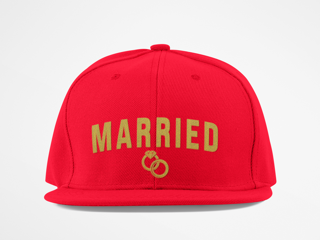 Married Snapback Hat — Gold Rings Wedding Celebration Flat Bill Cap