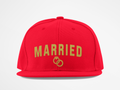 Married Snapback Hat — Gold Rings Wedding Celebration Flat Bill Cap