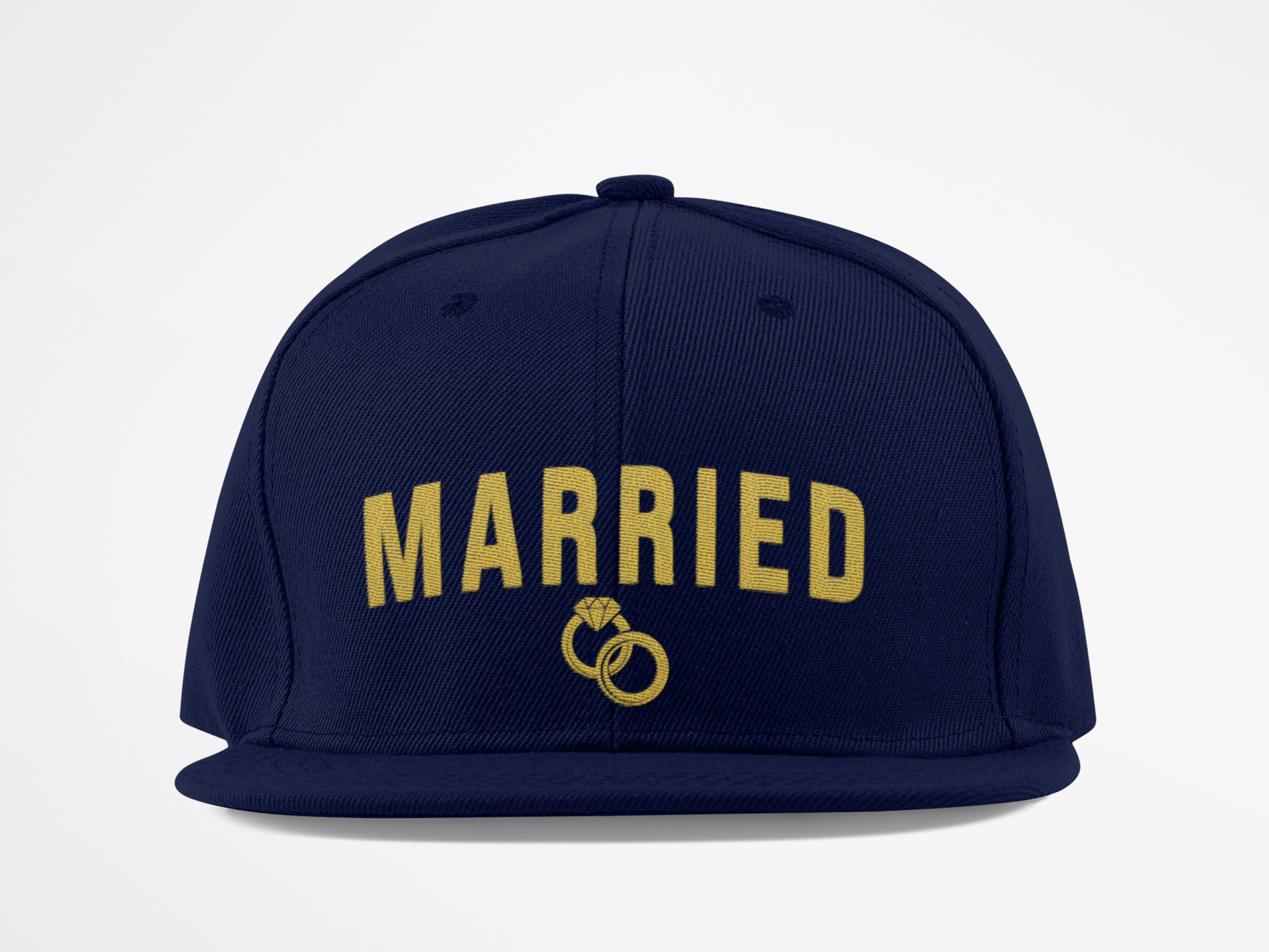 Married Snapback Hat — Gold Rings Wedding Celebration Flat Bill Cap