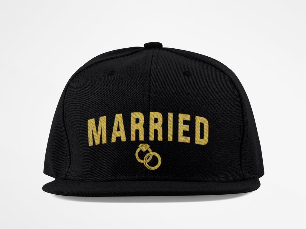 Married Snapback Hat — Gold Rings Wedding Celebration Flat Bill Cap