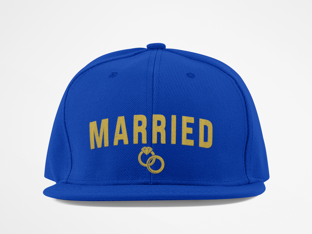 Married Snapback Hat — Gold Rings Wedding Celebration Flat Bill Cap