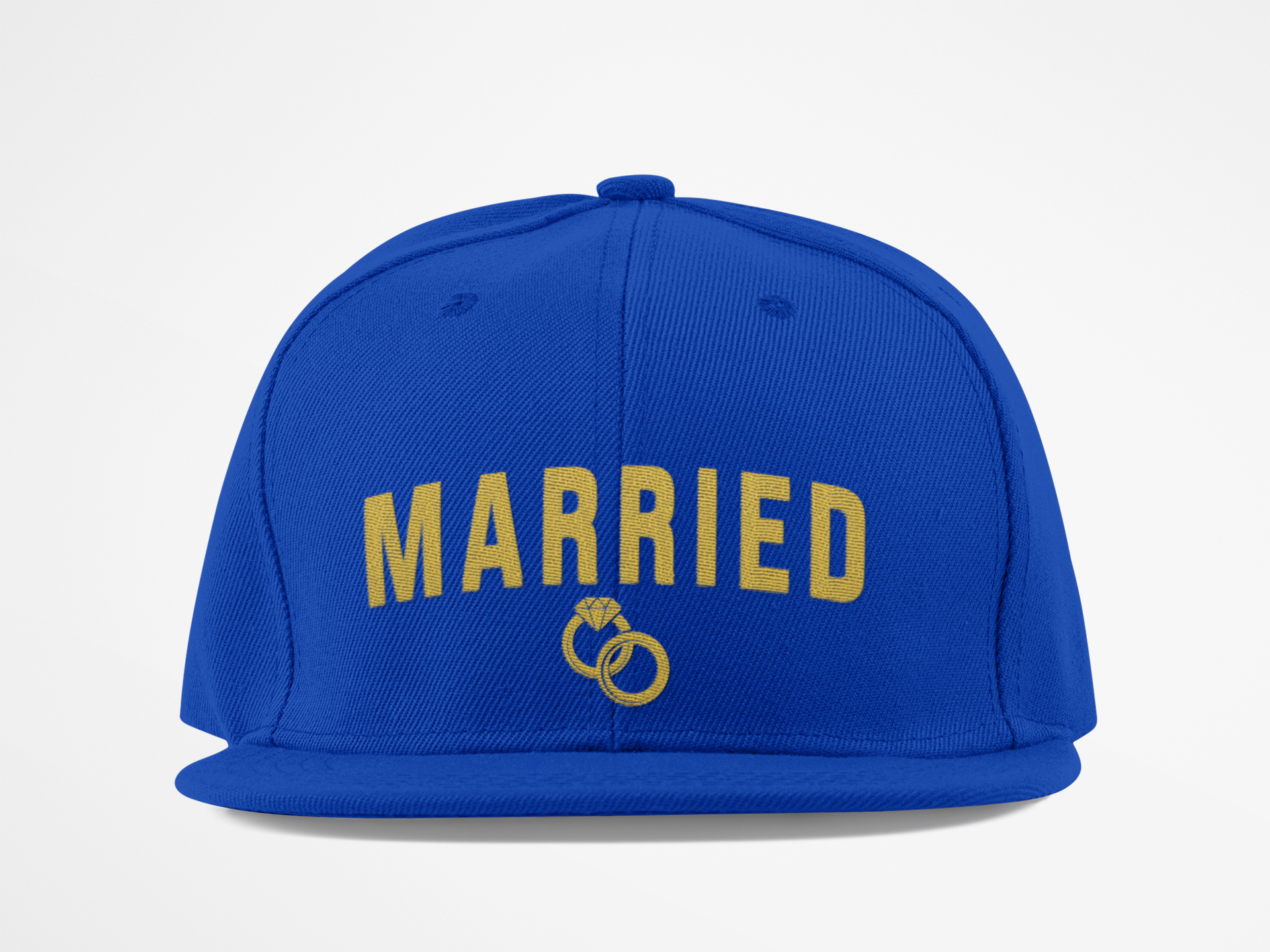 Married Snapback Hat — Gold Rings Wedding Celebration Flat Bill Cap