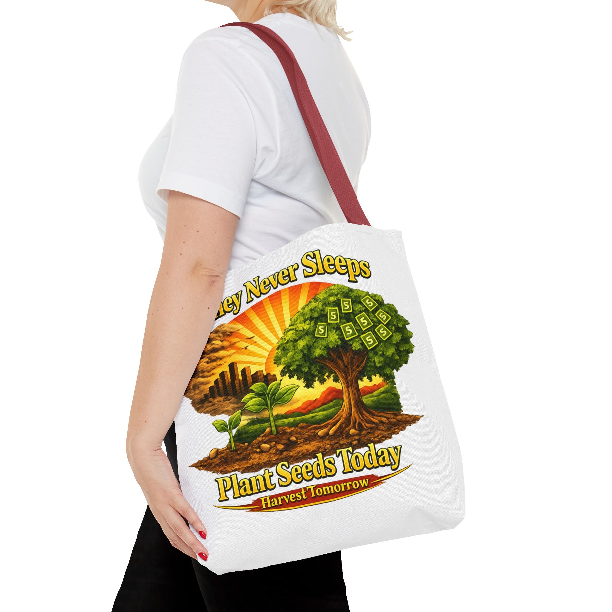 Money Never Sleeps Plant Seeds Today Tote Bag | Money Tree Illustration