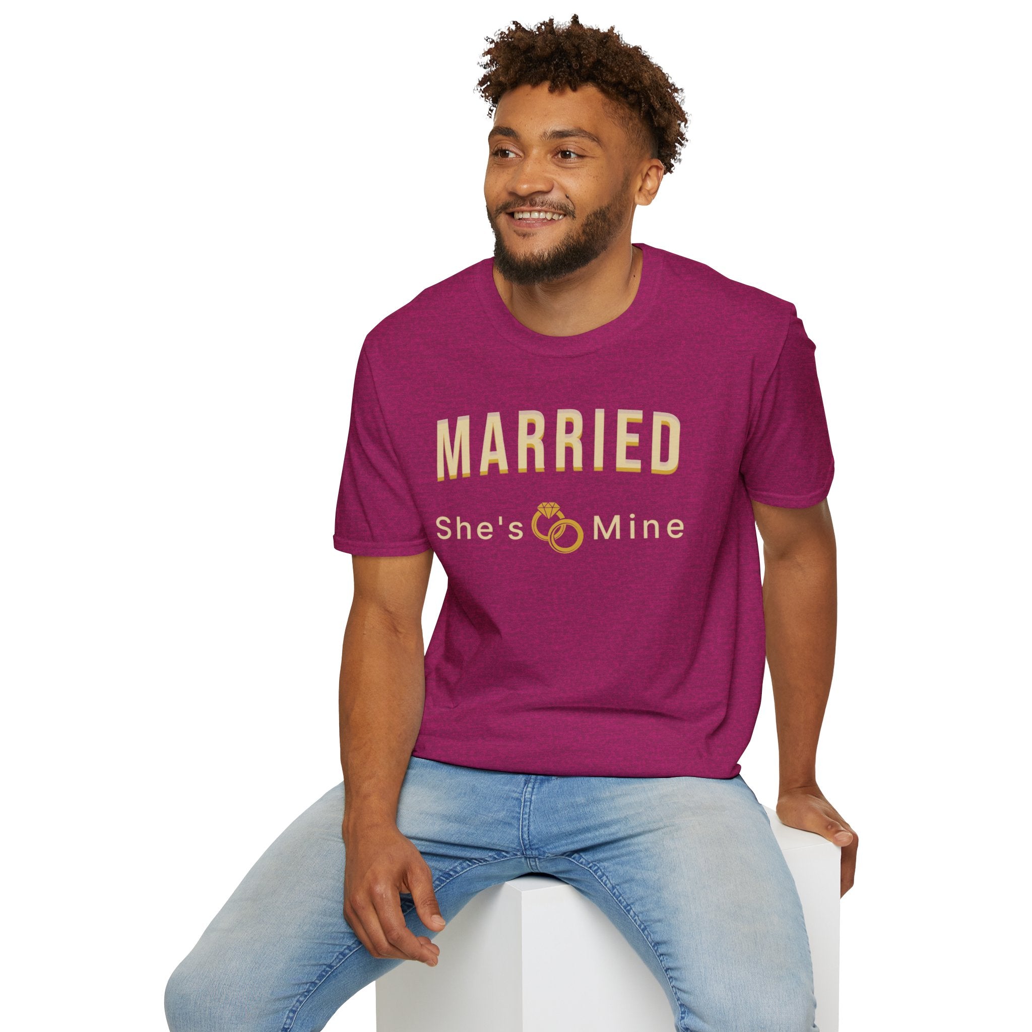 Married “She’s Mine” Tee Shirt | Elegant  print that reads “MARRIED” above a delicate rings motif and “She’s Mine | Wedding Tee