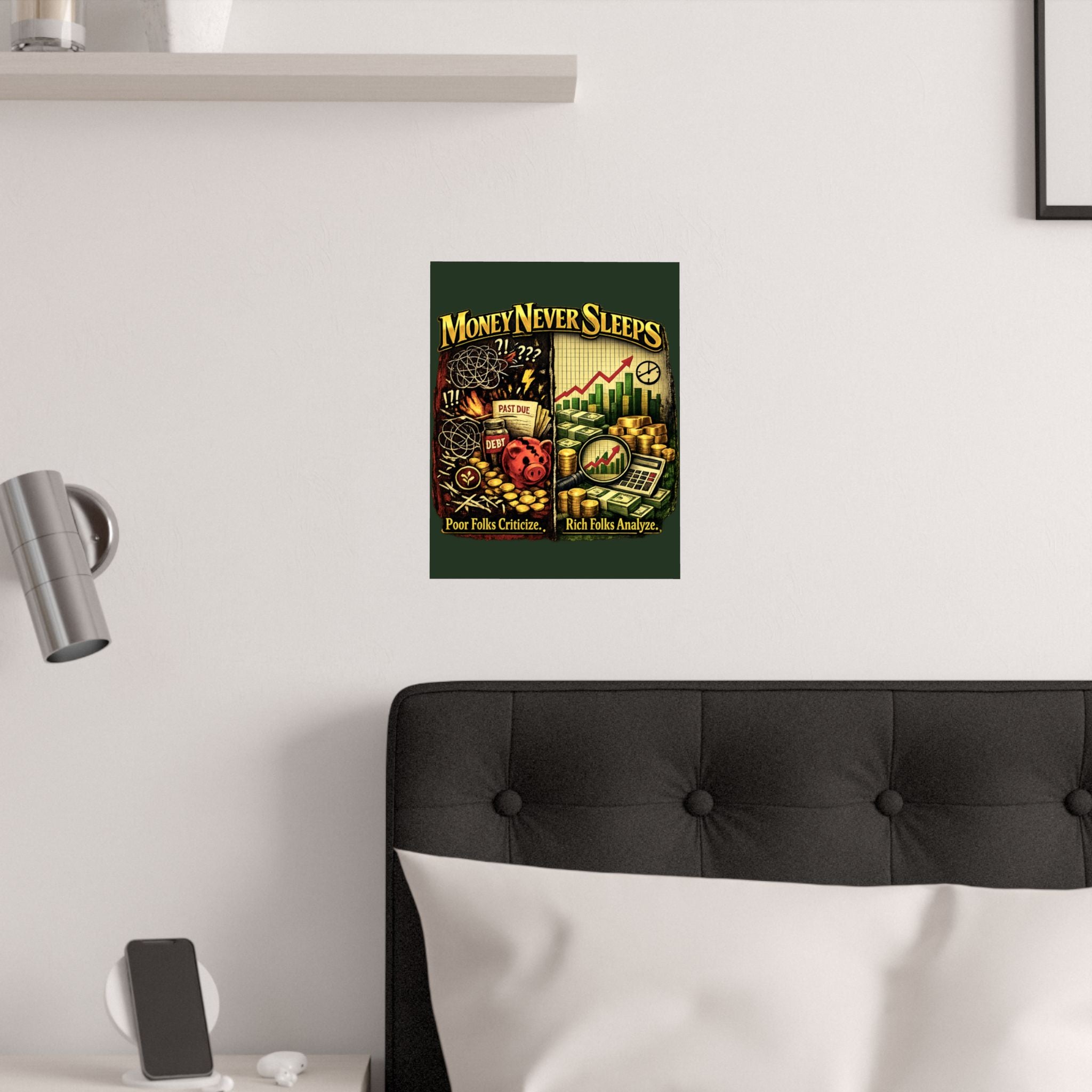 Money Never Sleeps Poster – Finance Illustration Satin Wall Art