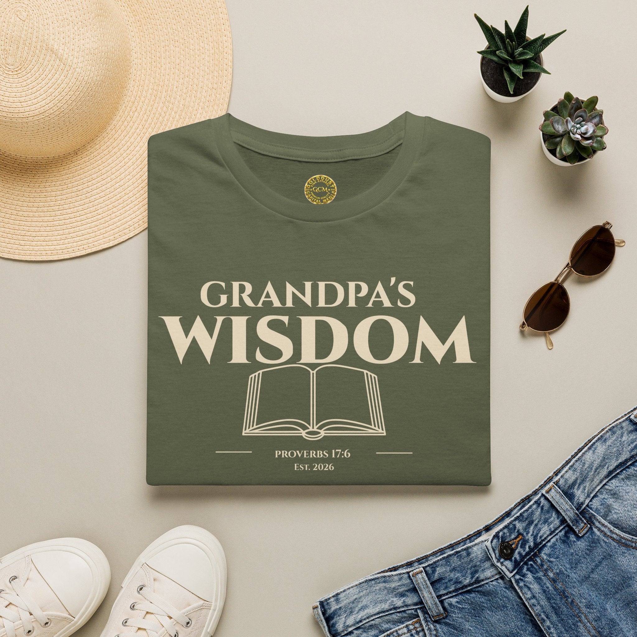 Grandpa's Wisdom T-Shirt — Vintage Book Graphic, Proud Grandpa Gift for Father's Day & Grandparent Celebrations | Proverbs 17:6)
