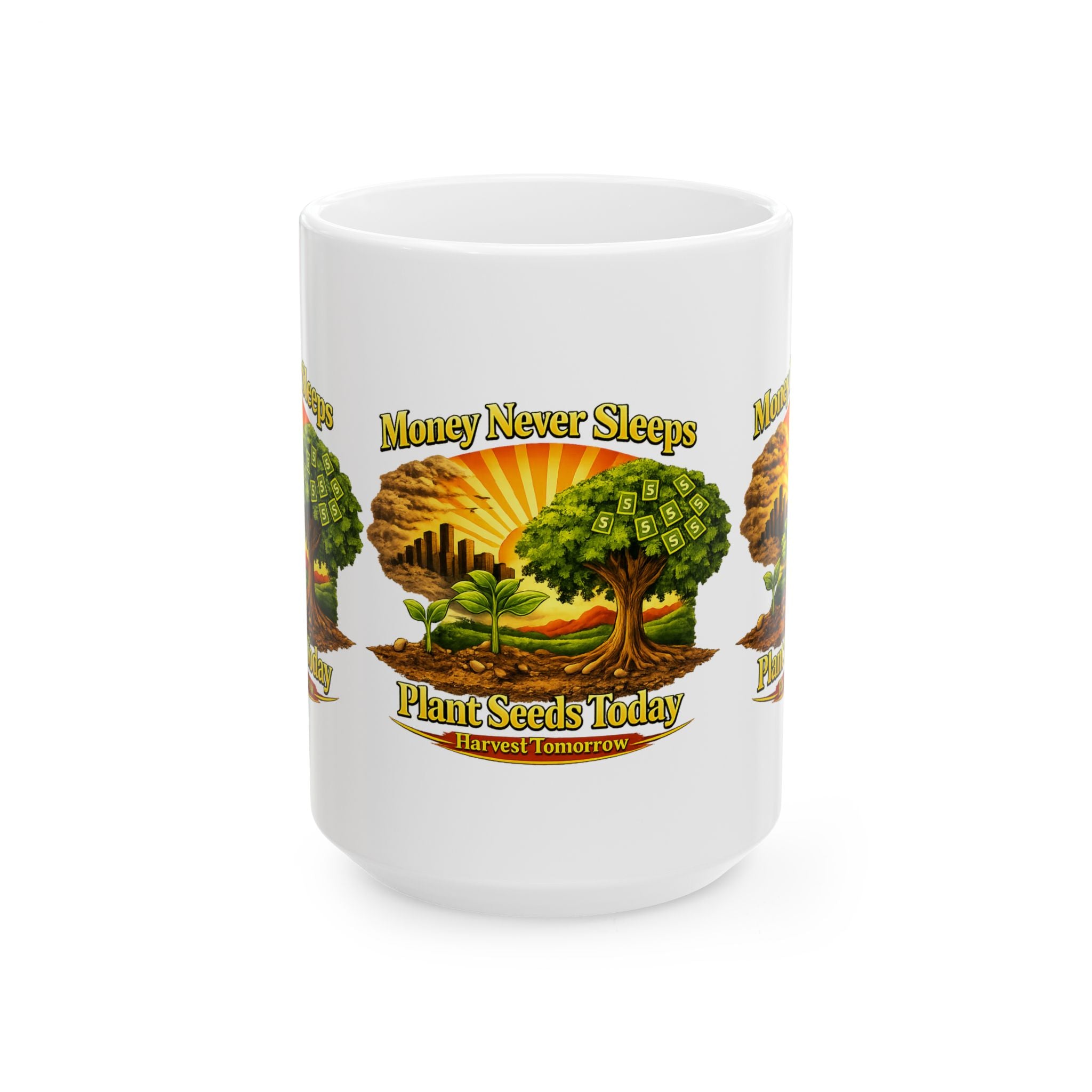 Money Never Sleeps Plant Seeds Today Mug | Money Tree Illustration