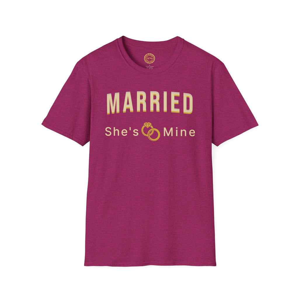Married “She’s Mine” Tee Shirt | Elegant  print that reads “MARRIED” above a delicate rings motif and “She’s Mine | Wedding Tee