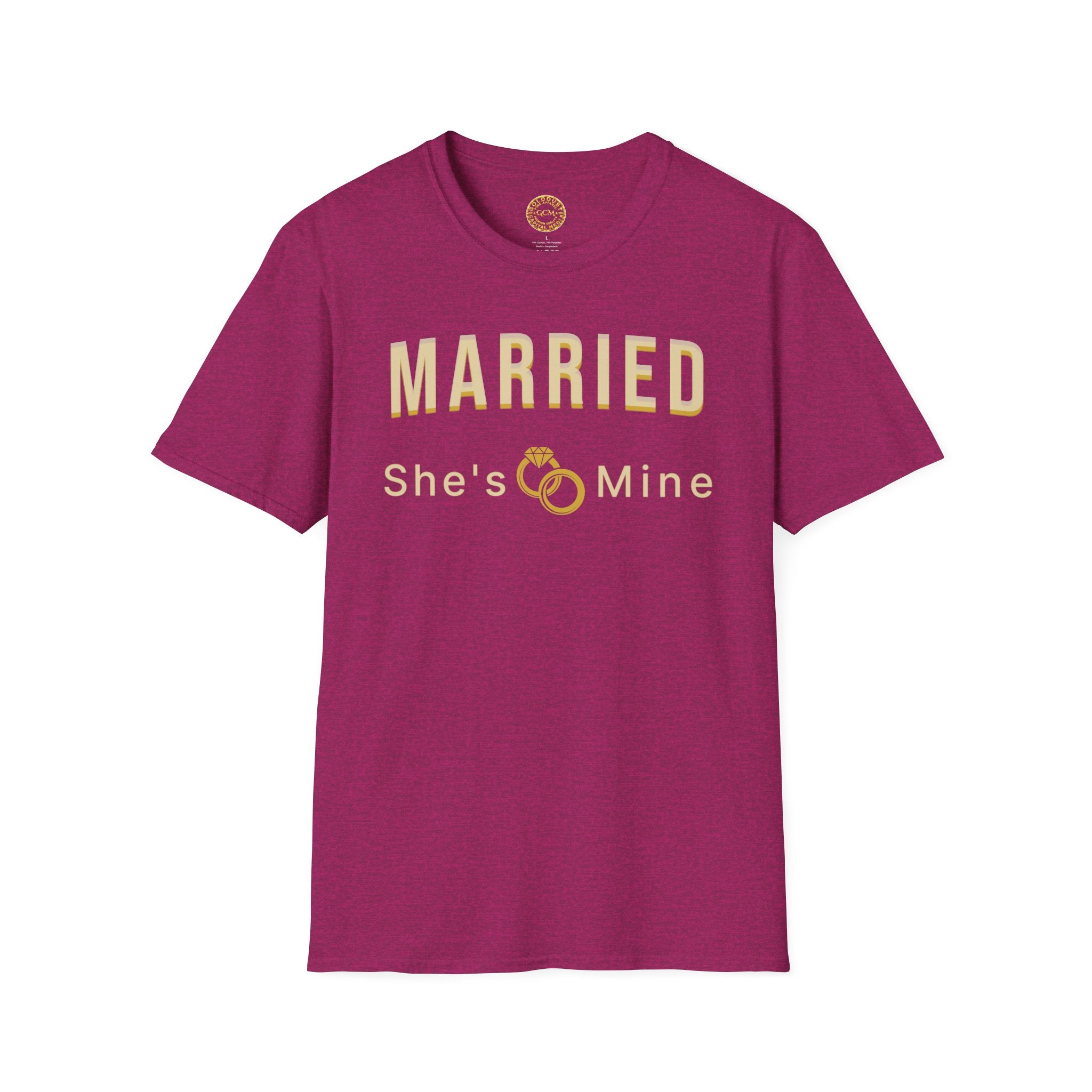 Married “She’s Mine” Tee Shirt | Elegant  print that reads “MARRIED” above a delicate rings motif and “She’s Mine | Wedding Tee