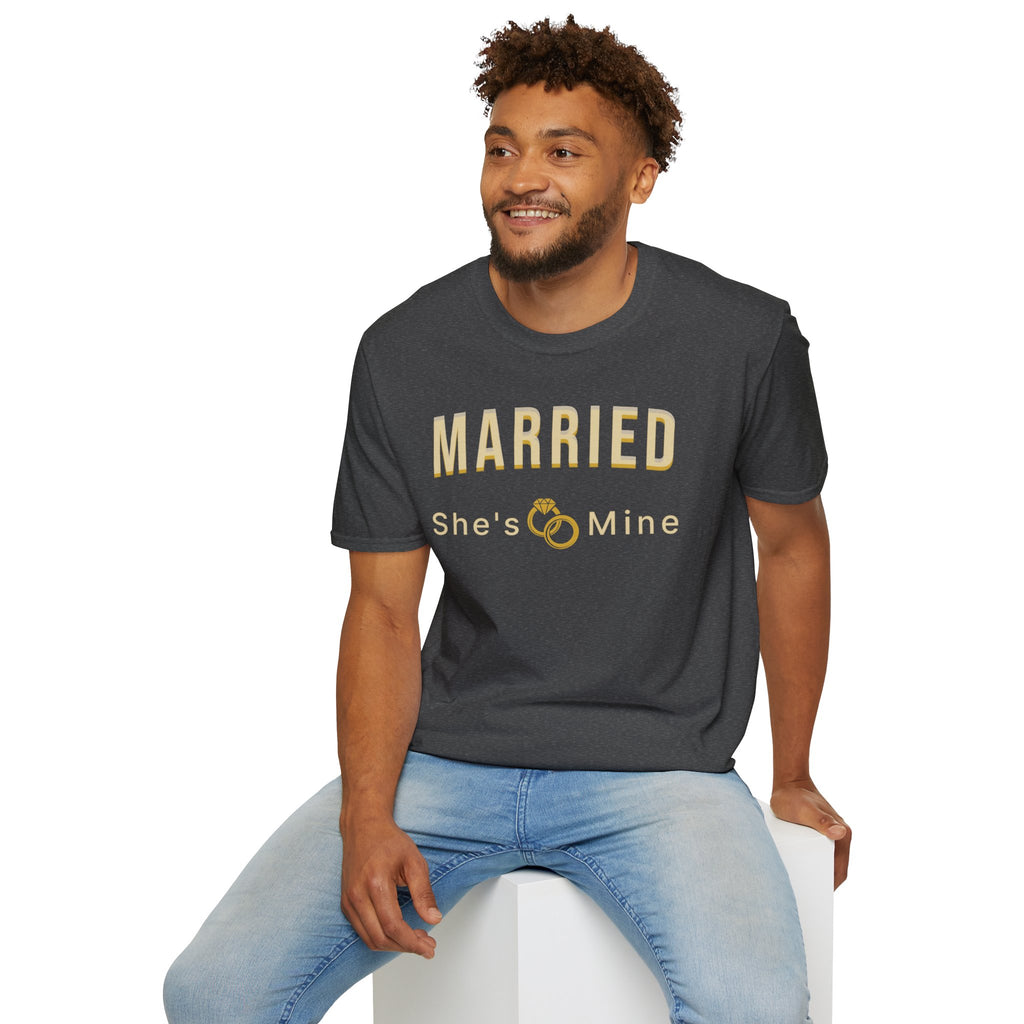 Married “She’s Mine” Tee Shirt | Elegant  print that reads “MARRIED” above a delicate rings motif and “She’s Mine | Wedding Tee