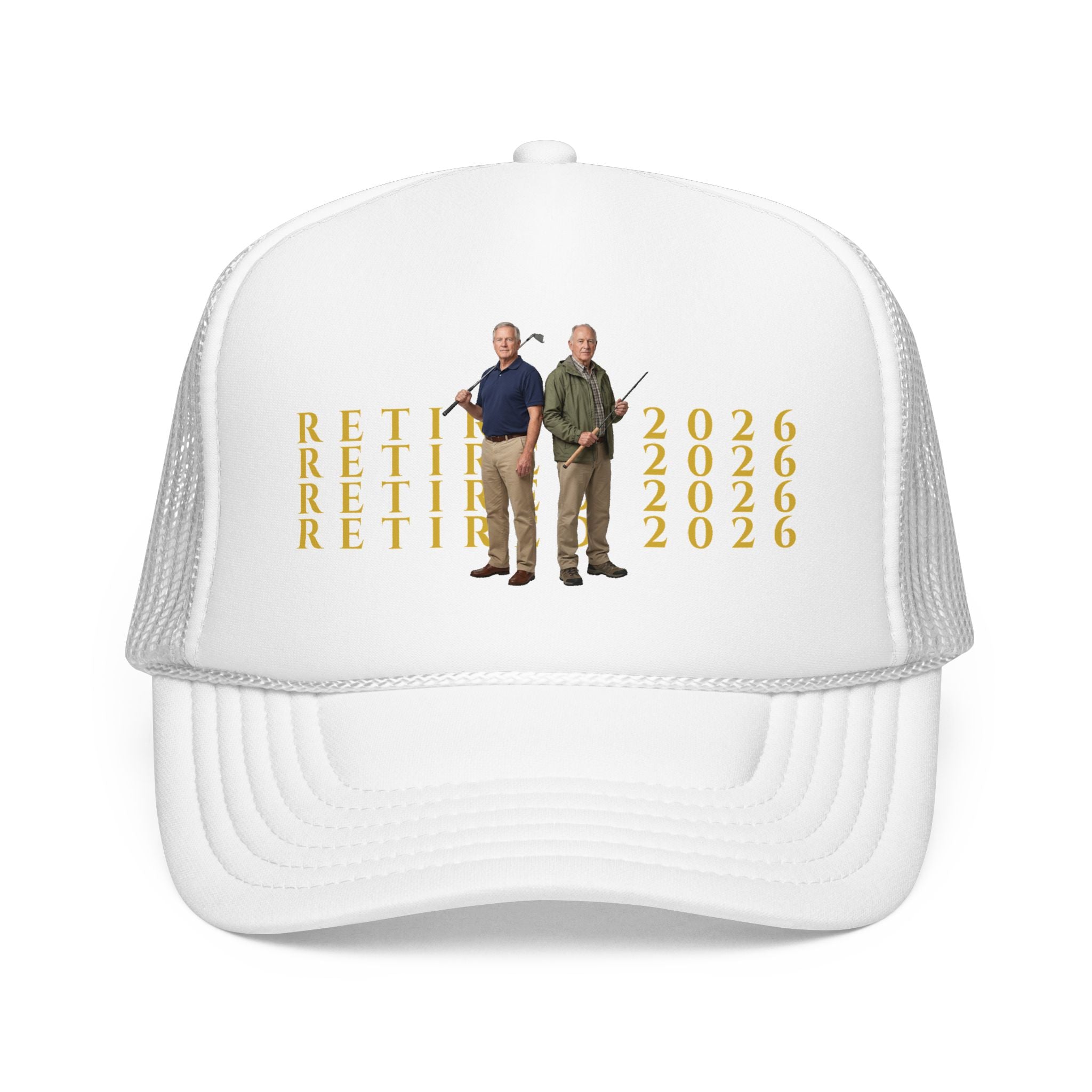 Retired 2026 Foam Personalized Image Trucker Hat | Retirement Year, Two Men Illustration