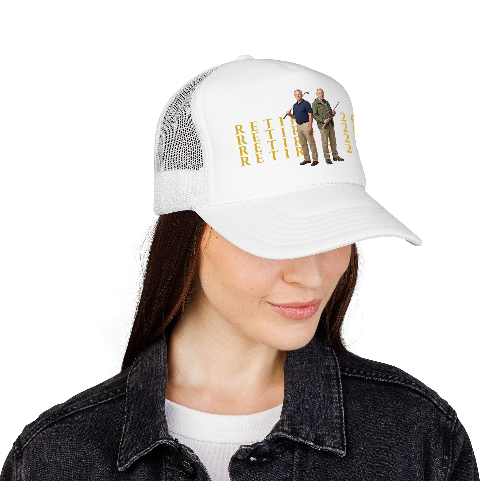Retired 2026 Foam Personalized Image Trucker Hat | Retirement Year, Two Men Illustration