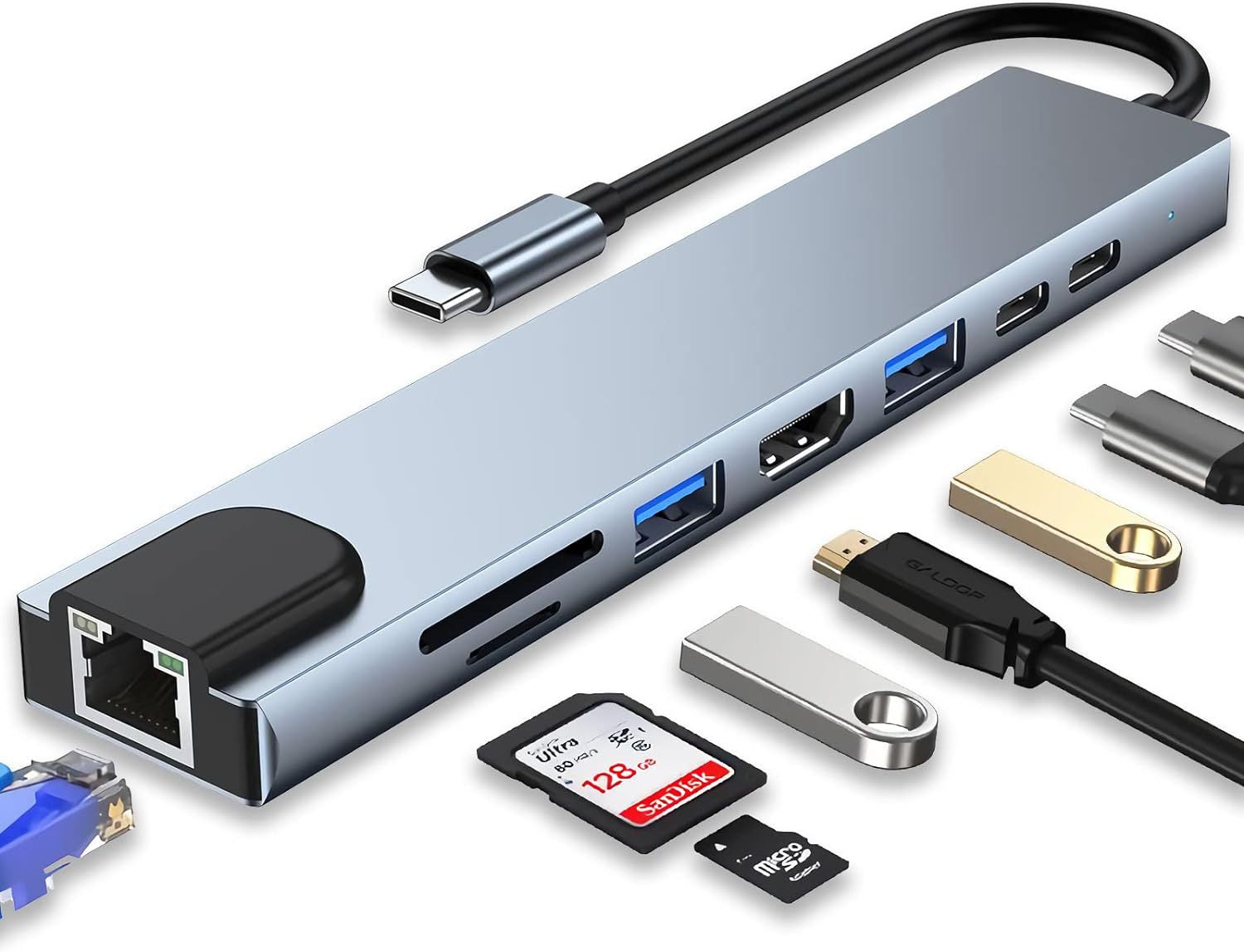 Type-C 8-in-1 Docking Station – USB Hub with Ethernet, Card Reader & 5Gbps Transfer, Plug & Play